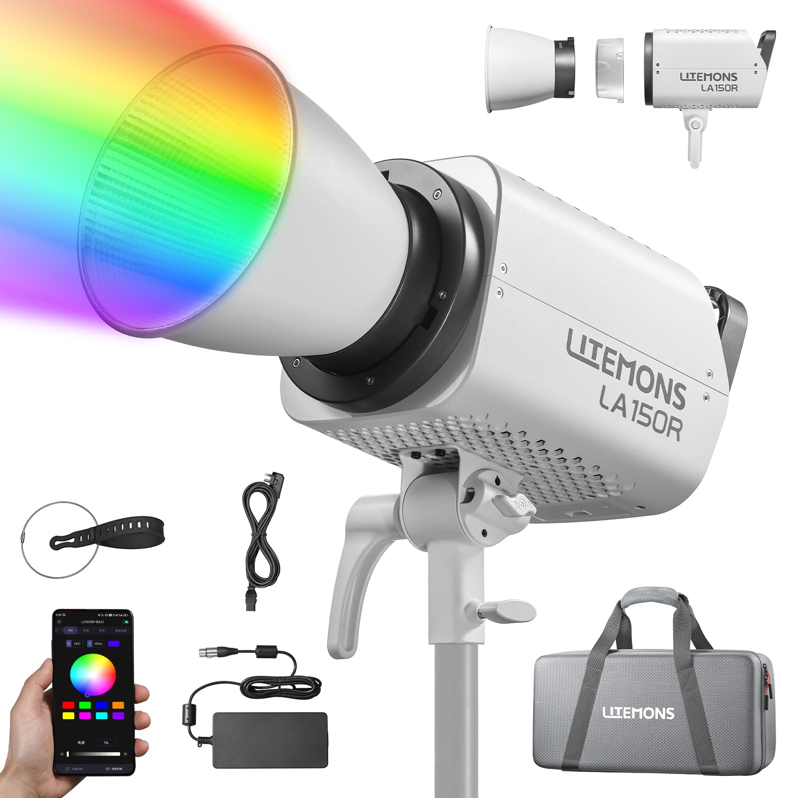 Godox LA150R RGB COB LED Video Light 165W 14 FX Effects CCT 1800K-10000K 52900Lux@1M APP Control Bowens Mount RGB Continuous Outputing Light With Carry Bag For Studio Photography Shooting Videography - View #9