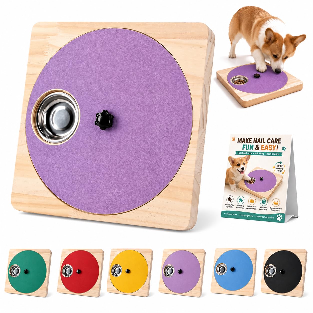 Krallenfeile für Hunde, drehbares Kratzbrett mit Leckerli-Puzzle，Lila