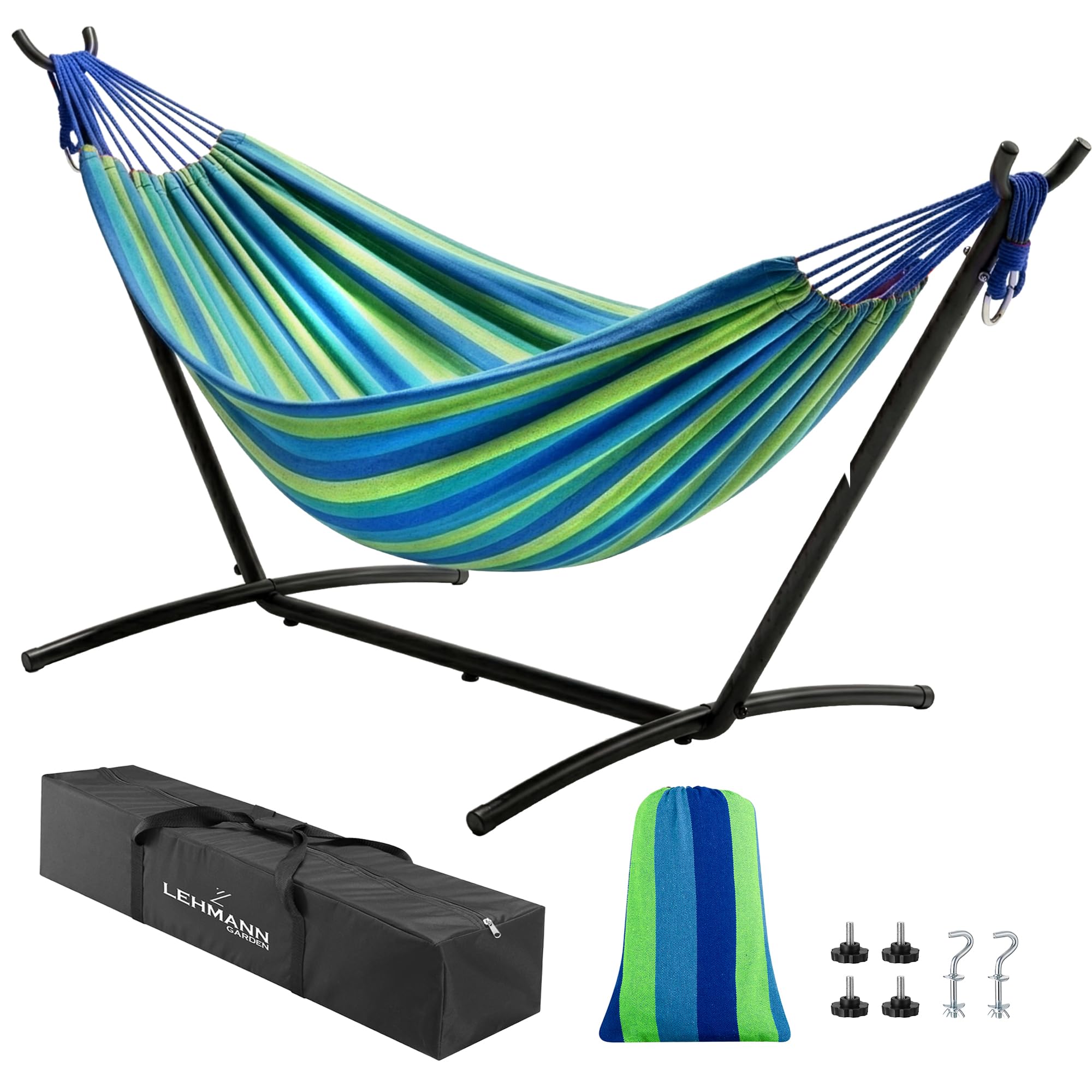 LEHMANN Hamac avec Support en Acier, Capacité de Charge 200 kg, pour 2 Personnes, Pliable et Transportable avec Sac de Transport, idéal pour Camping, Jardin et Balcon