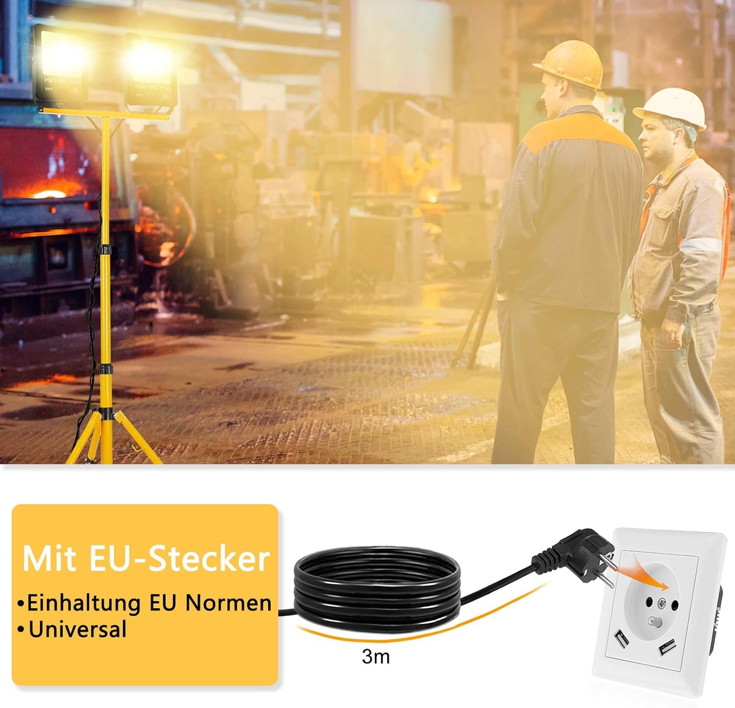 FIVMEN Baustrahler 2x100W 8500LM LED Strahler Arbeitsleuchte mit Verstellbarer Stativ und 3m Kabel Stecker Baulampe Arbeitsscheinwerfer Wasserdicht IP66 für Garage Werkstatt Baustelle, Kaltweiß