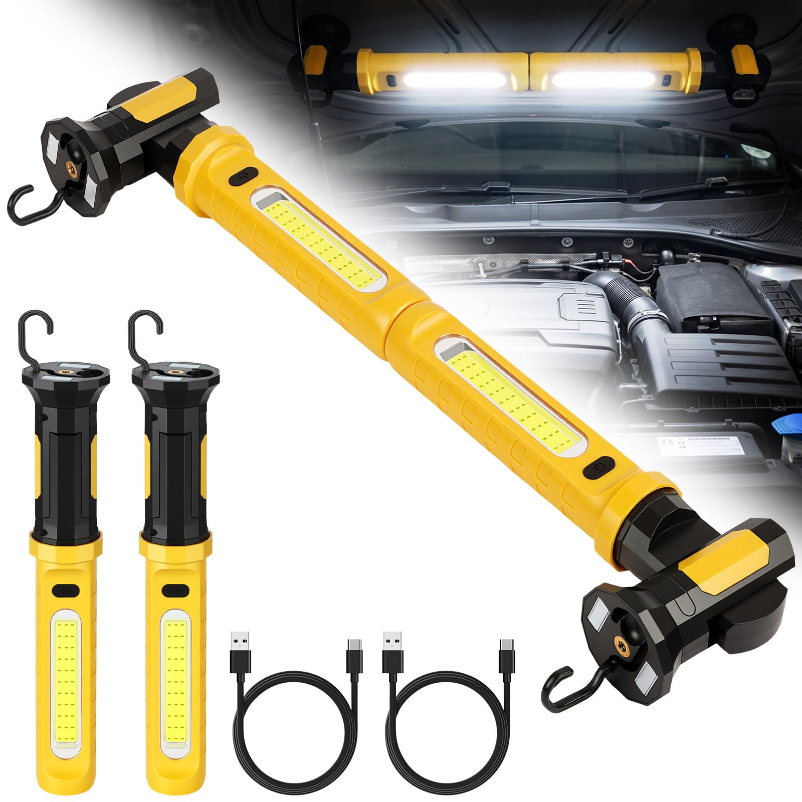 URAQT Rechargeable Work Light, 2000 Lumen Dual Section Magnetic LED Inspection Light with Hooks, 4000mAh Battery Powered 3 Lighting Modes 350° Rotatable Lamp Body for Car Repairing Workshop Emergency