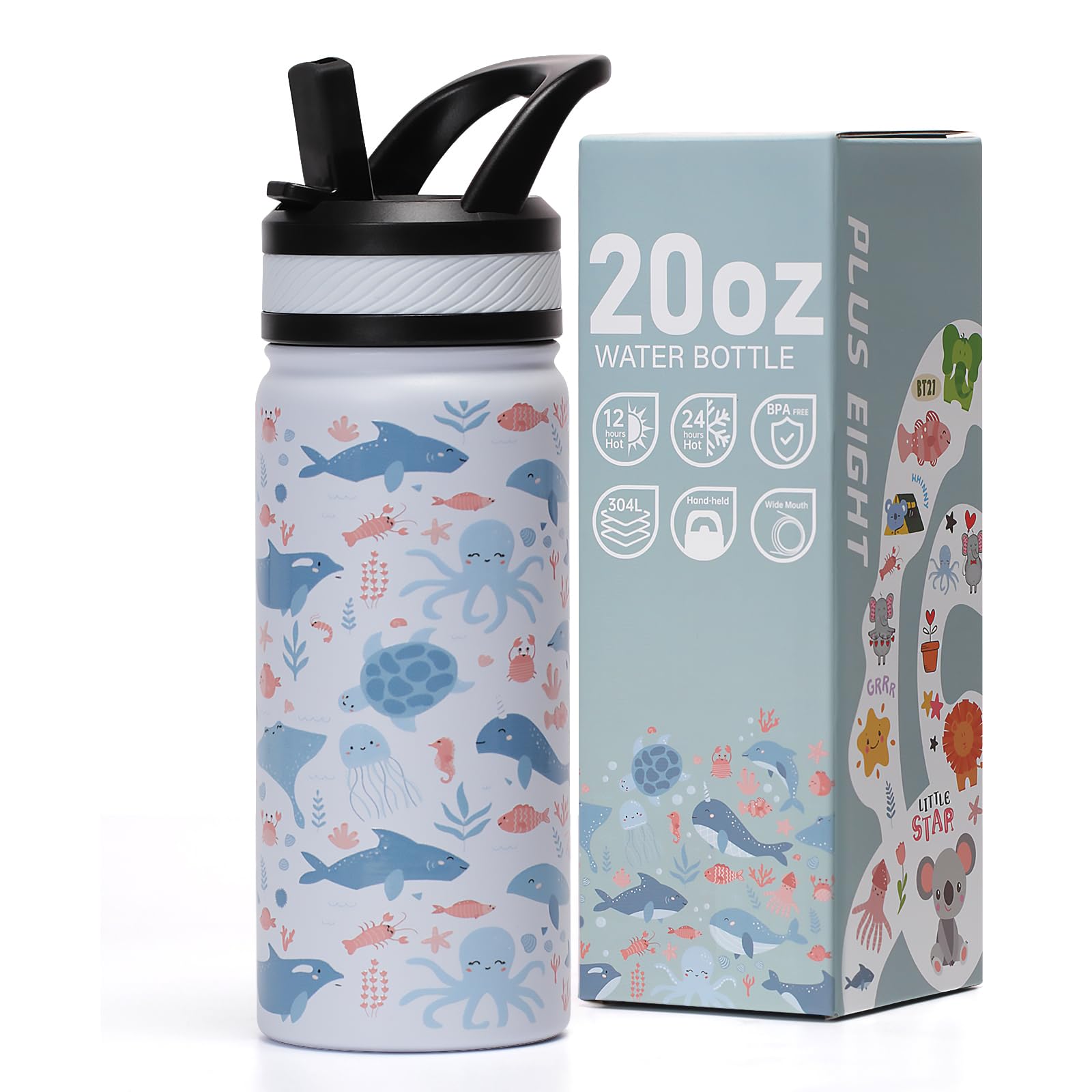 Kids Insulated Water Bottle with Straw Lid 20 oz BPA-FREE Double Wall Vacuum Tumbler 18 8 Stainless Steel