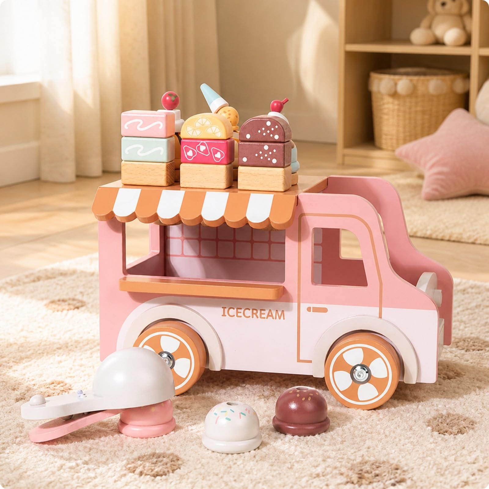 Gralara Carrello Giocattolo in Legno con Gelati E Servizio con E Ruote per Bambini Adatto per Gioco di Ruolo Interattivo E attività Creative in Cameretta.,