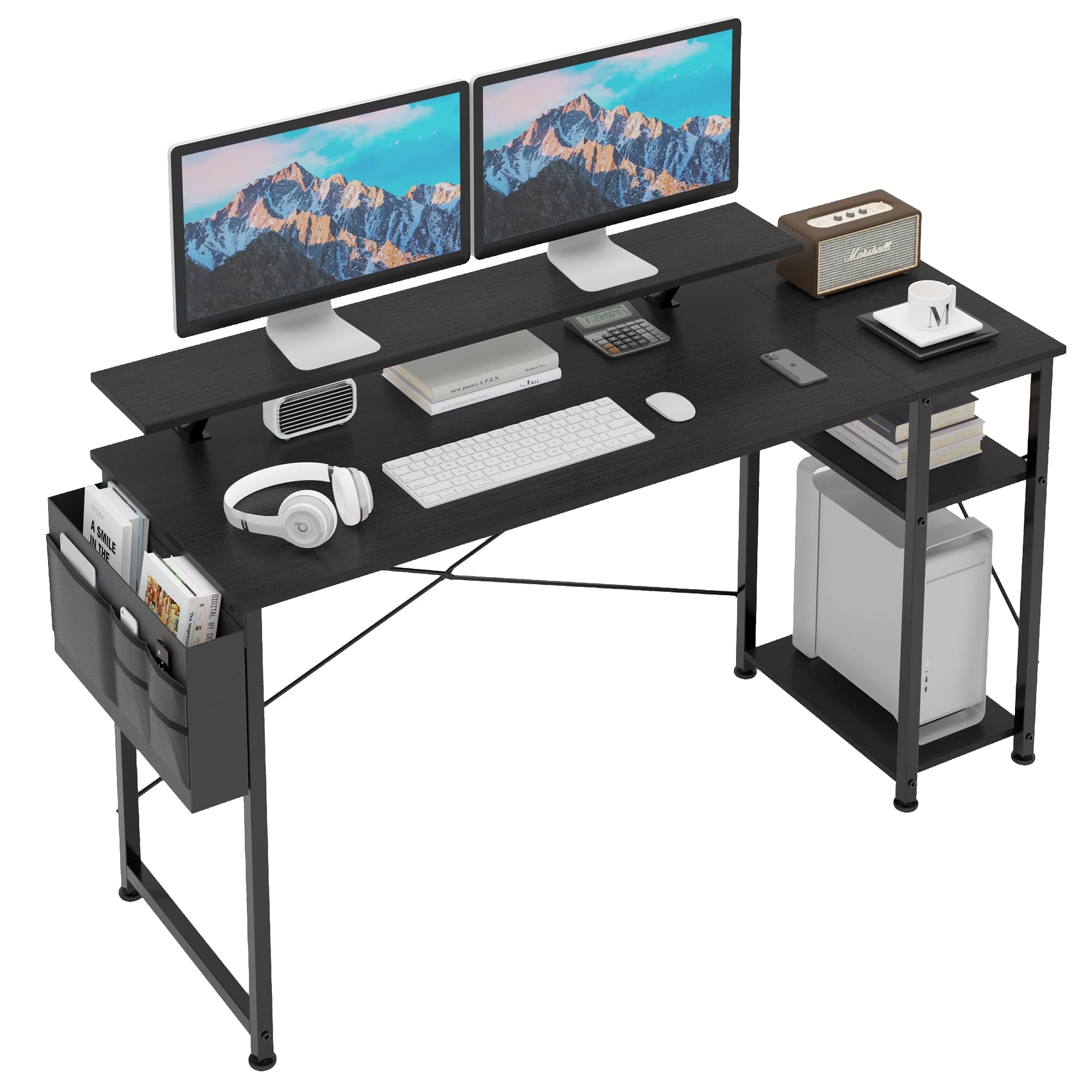 CAIYUN 140cm Computer Desk with Monitor Stand & 2-Tier Storage Shelves, Home Office Writing Desk Study Table Workstation, Black