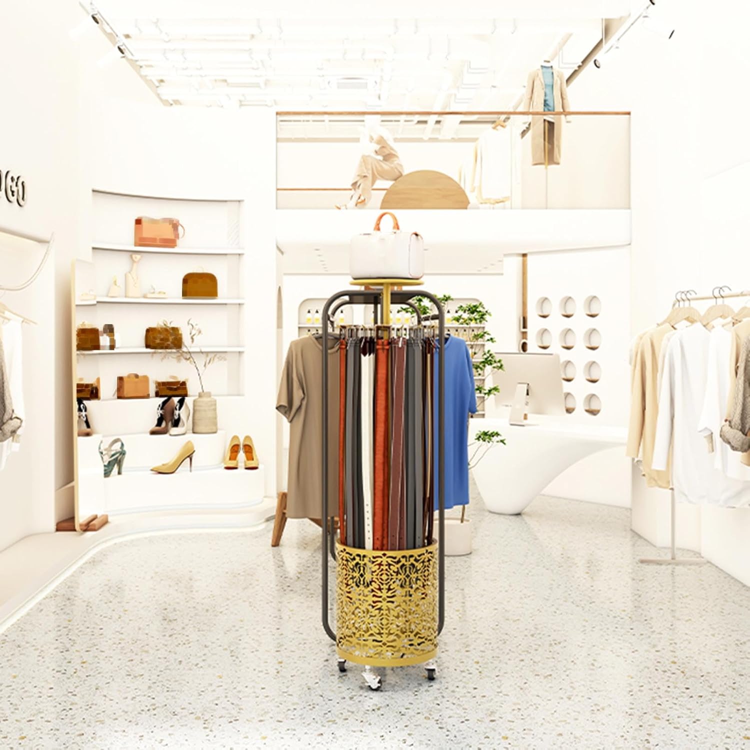 Belt Organizer Rack Spinner Display Stand,Commercial Belt Storage Holder,Belt Hanger for Closet,Floor Standing Pivoting Scarf Jewelry Necklace Holder,for Clothing Store M,White