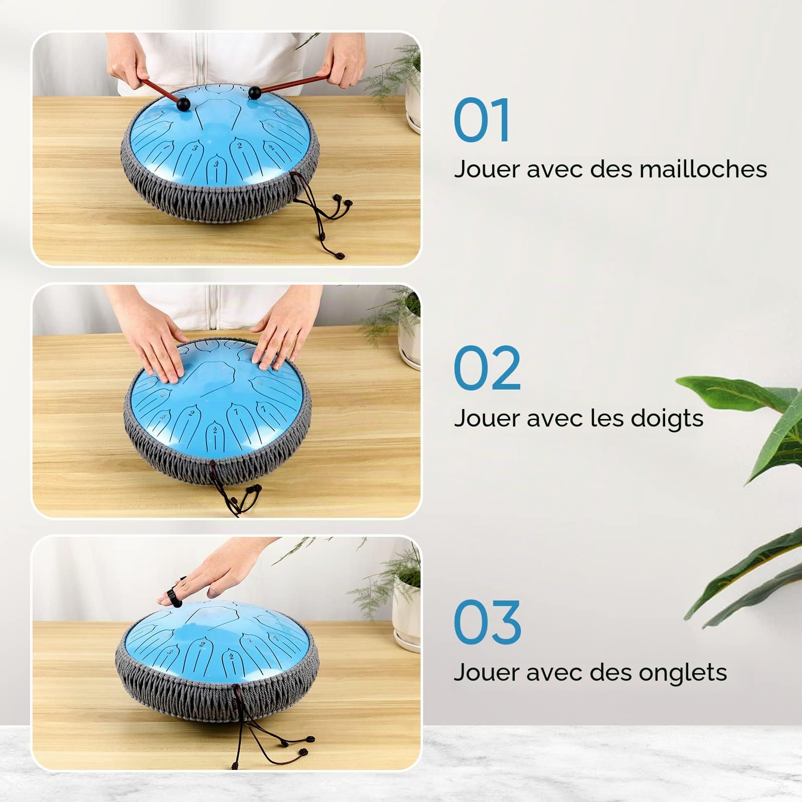 Tambour à langue en acier pour adultes : instrument de musique Handpan Drums Set de 15 notes de 30,5 cm avec sac et livre de musique – Instruments de musique à percussion pour la méditation et le yoga