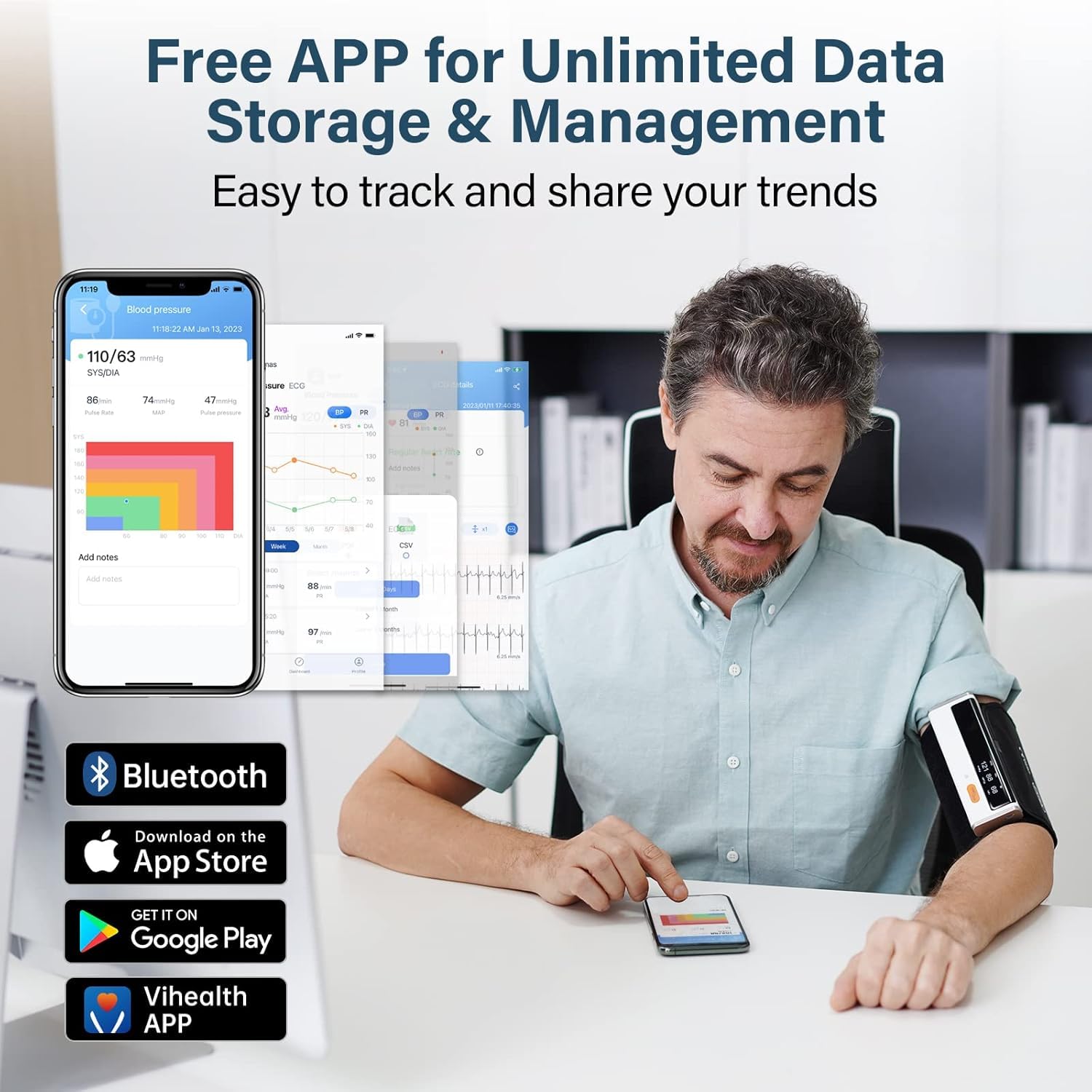 CheckMe Armfit Plus Blutdruckmessgerät Oberarm Bluetooth mit EKG,Analyse des EKG-Berichts,30S Messung von Blutdruck,EKG,Herzfrequenz,Multi User Management,Blutdruck Messgerät mit App für Android/iOS