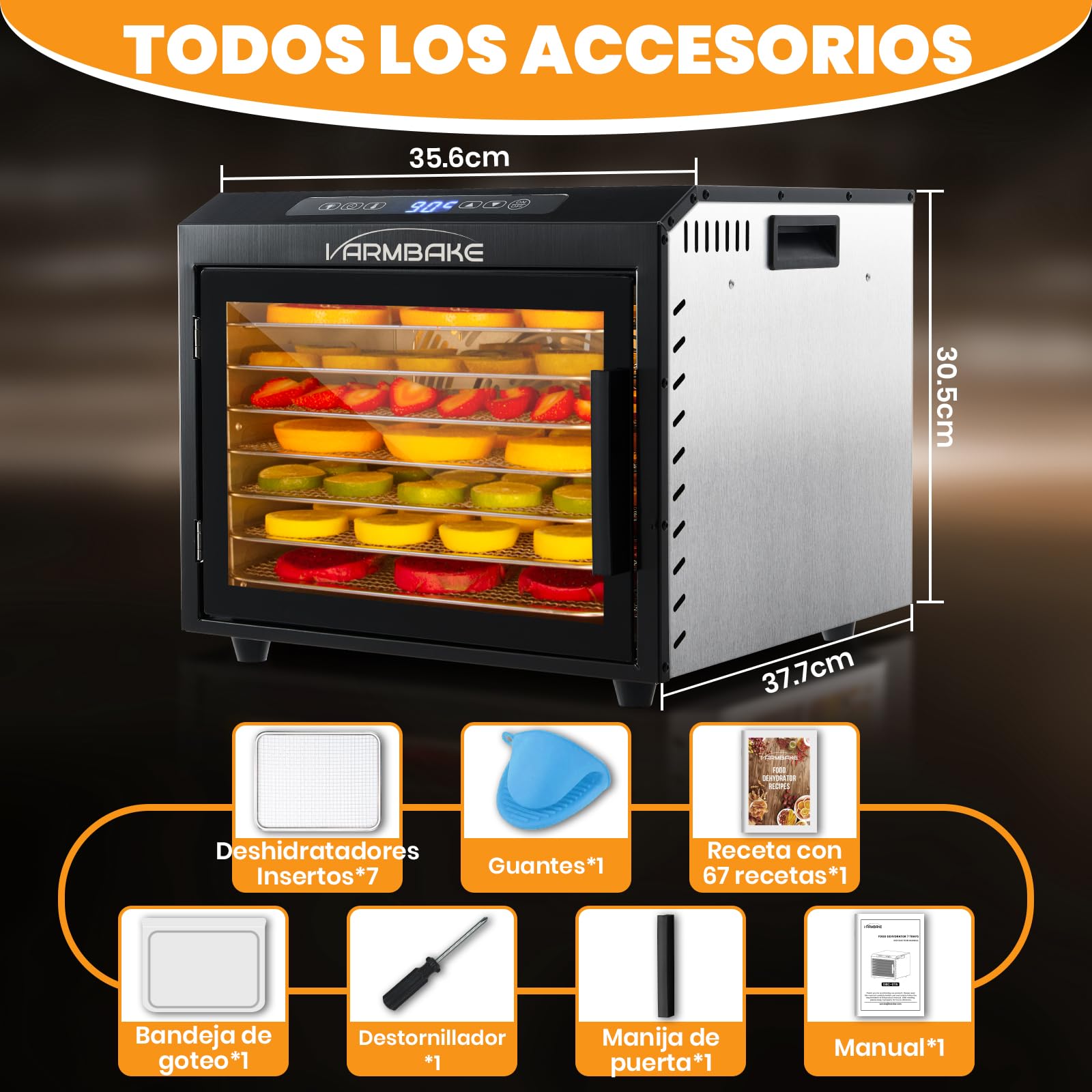7 Bandejas Deshidratador De Alimentos, Acero Inoxidable, Área De Secado De 0,56 M², 30-90 ℃ & 800W Deshidratador De Alimentos Para Frutas, Verduras Y Carne, Y 7 Bandejas (32 X 25 Cm)