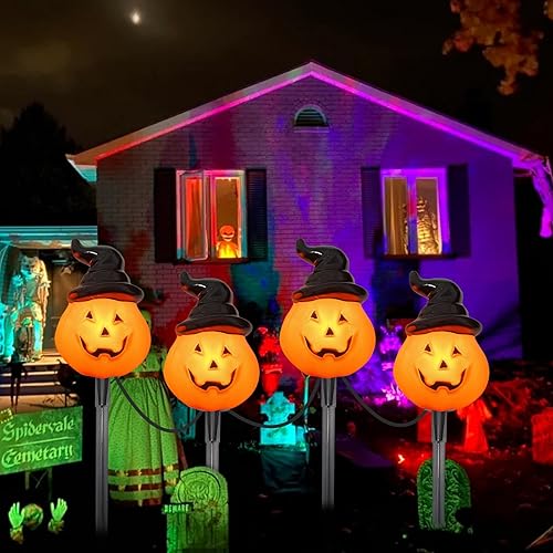 Miniatura 6 de Luces de camino de calabaza con capucha de Halloween al aire libre, 7 pies C7 decoraciones de Halloween al aire libre con 4 luces Jack O Lantern con