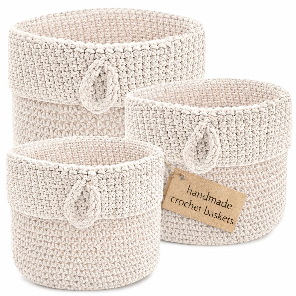Clay Roberts Round Storage Baskets, Set of 3, Cream, Fabric Basket Organisers, Woven Knitted, Baskets, Beige, Woven Storage Rope Basket