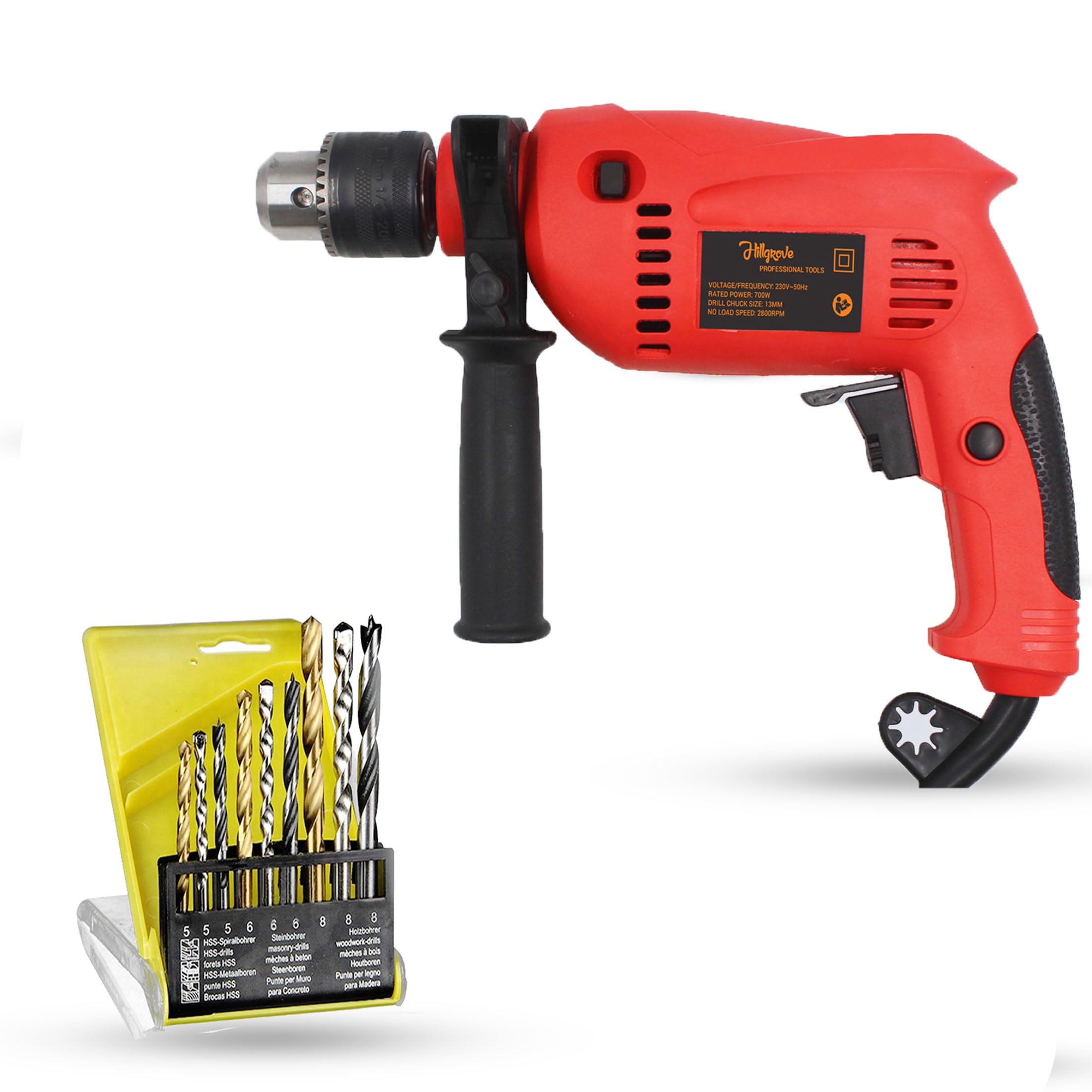 Hillgrove HGCM717M3 700W Power Drill Machine with 9Pcs All Type Drill Bits for Making Holes in Metal/Wood/Concrete with Reverse Rotation and Variable Speed Pistol Grip Drill (13 mm Chuck Size)-image-37