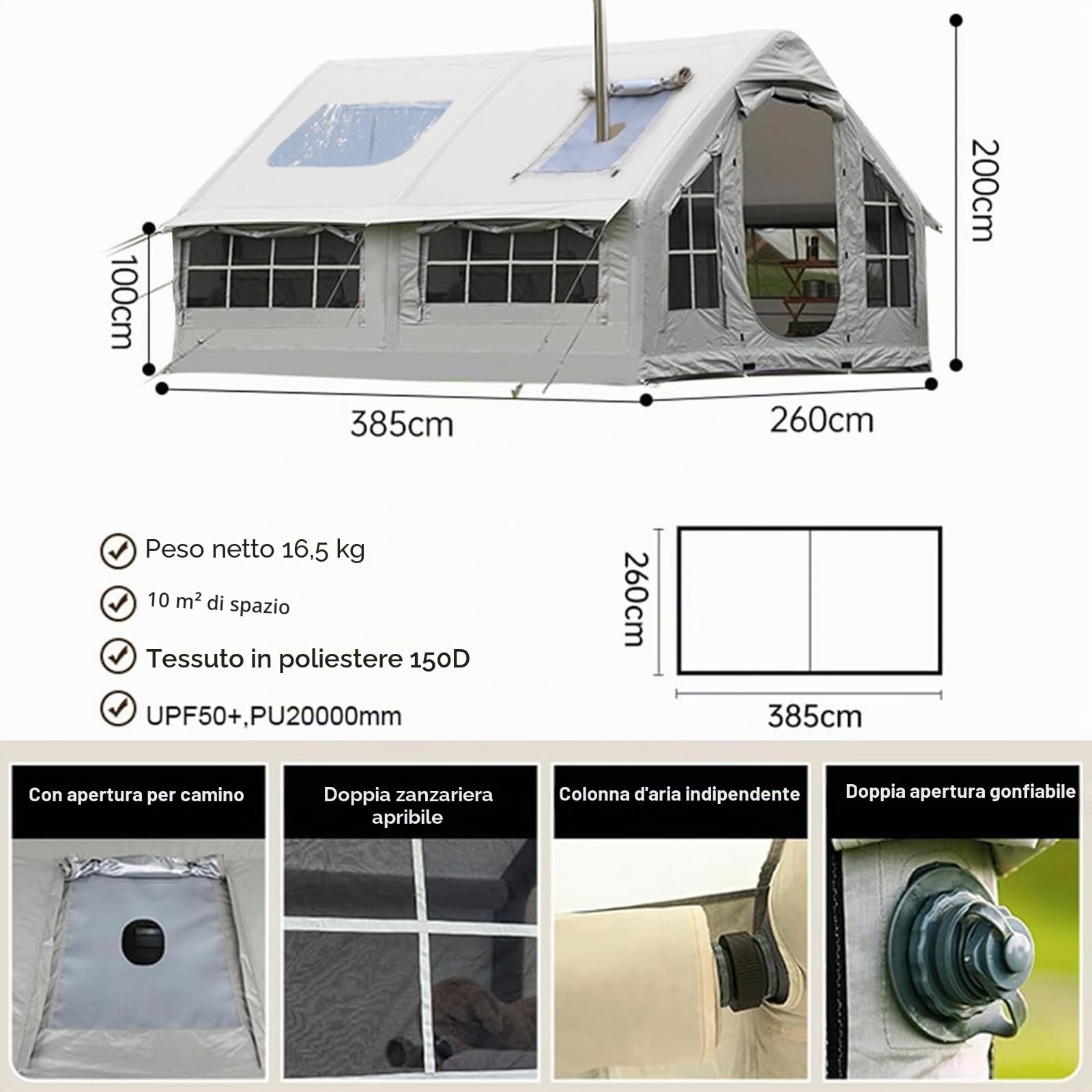 Tenda gonfiabile per campeggio, tenda ad aria per 6-8 persone con pompa a mano, facile da installare, tenda gonfiabile per famiglia, grande tenda pop-up all'aperto