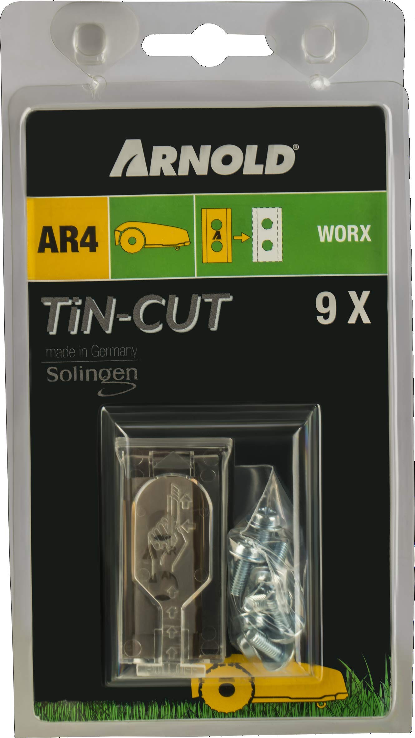 ARNOLD - Cuchillas de repuesto Tin-Cut con tornillos para robot cortacésped Worx, 9 cuchillas en dispensador; 1111-W1-1009.