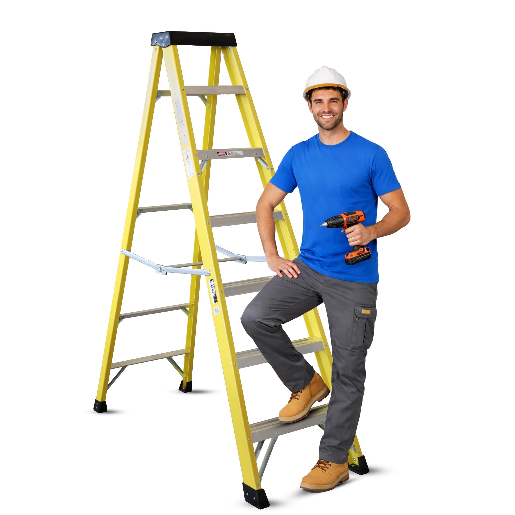 Fibreglass Step Ladder – Heavy Duty GRP Non-Conductive EN131 Certified | Electricians Safety Step Ladder for Trade & DIY Use (Yellow, 7)