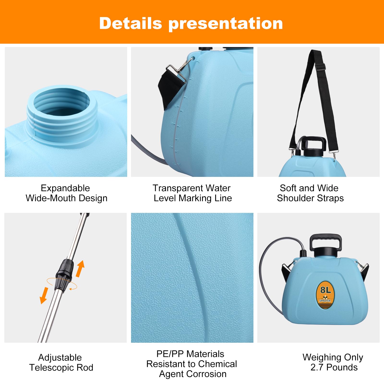 8L Pulverizador Eléctrico a Batería, Mochila de Presión con Lanza Telescópica y 3 Boquillas, 1500mAh Batería Recargable para Jardín, Desinfección, Limpieza de Terrazas y Coches