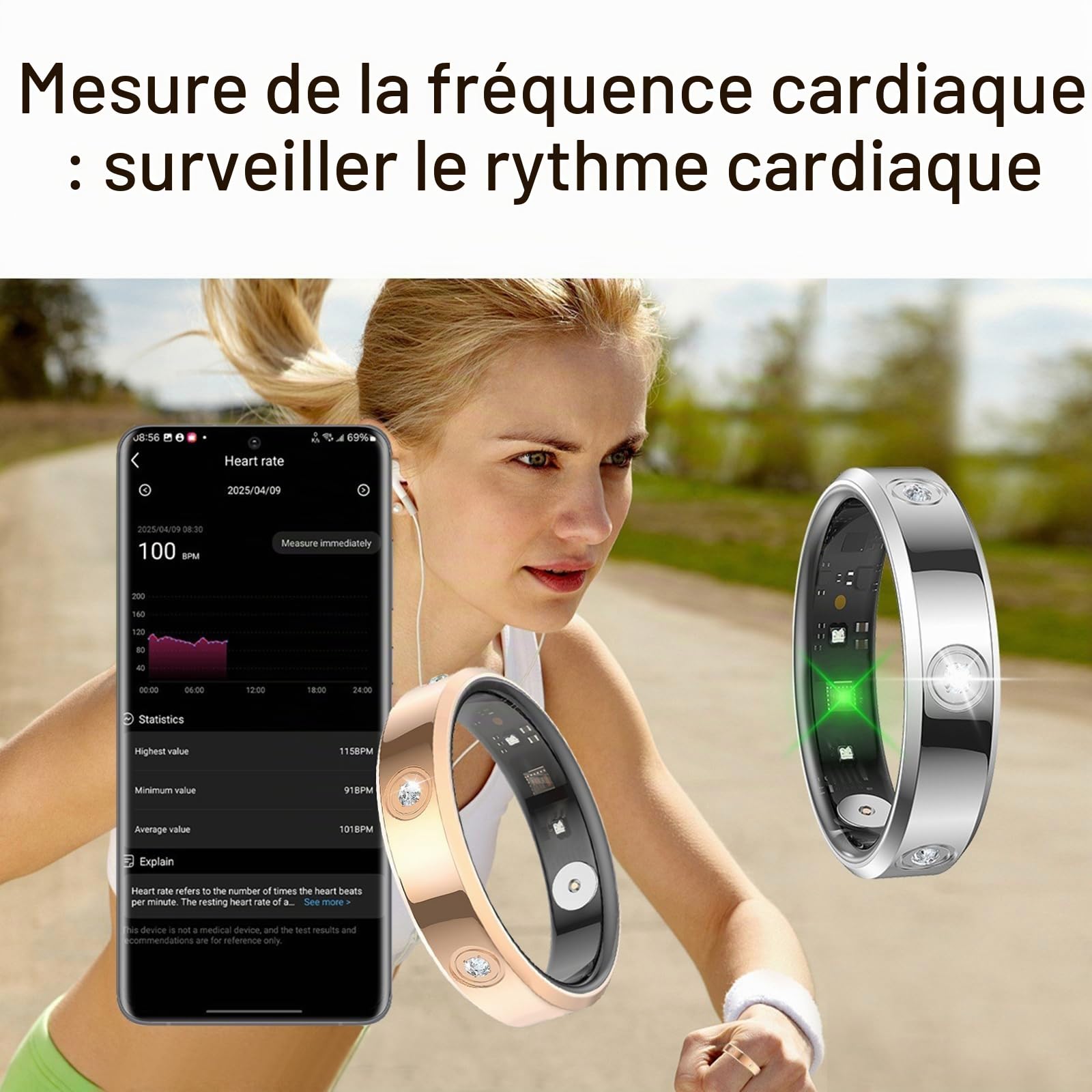 Bague intelligente pour homme et femme - Or rose - Argent - Pour femme - Menstruations étroites - Fréquence cardiaque - Podomètre - Moniteur de sommeil - Bague intelligente de fitness - Calories
