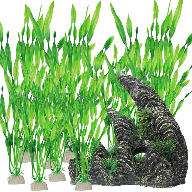 BEGONDIS 15 Pcs Aquarium Ornament Rock Cave Landscape, Green Seaweed Plastic Aquarium Ornament Aquatic Decoration Fish Tank Marine Decor Ornaments (Hill)