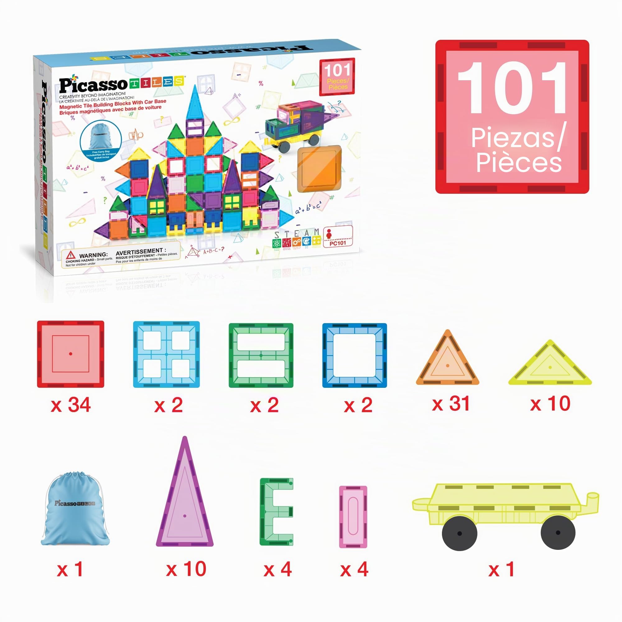 PicassoTiles Bloques de construcción magnéticos con base de coche, cordón, bolsa de transporte para almacenamiento de juguetes, bloque magnetizado para niños, juego de juguetes magnéticos STEM, a
