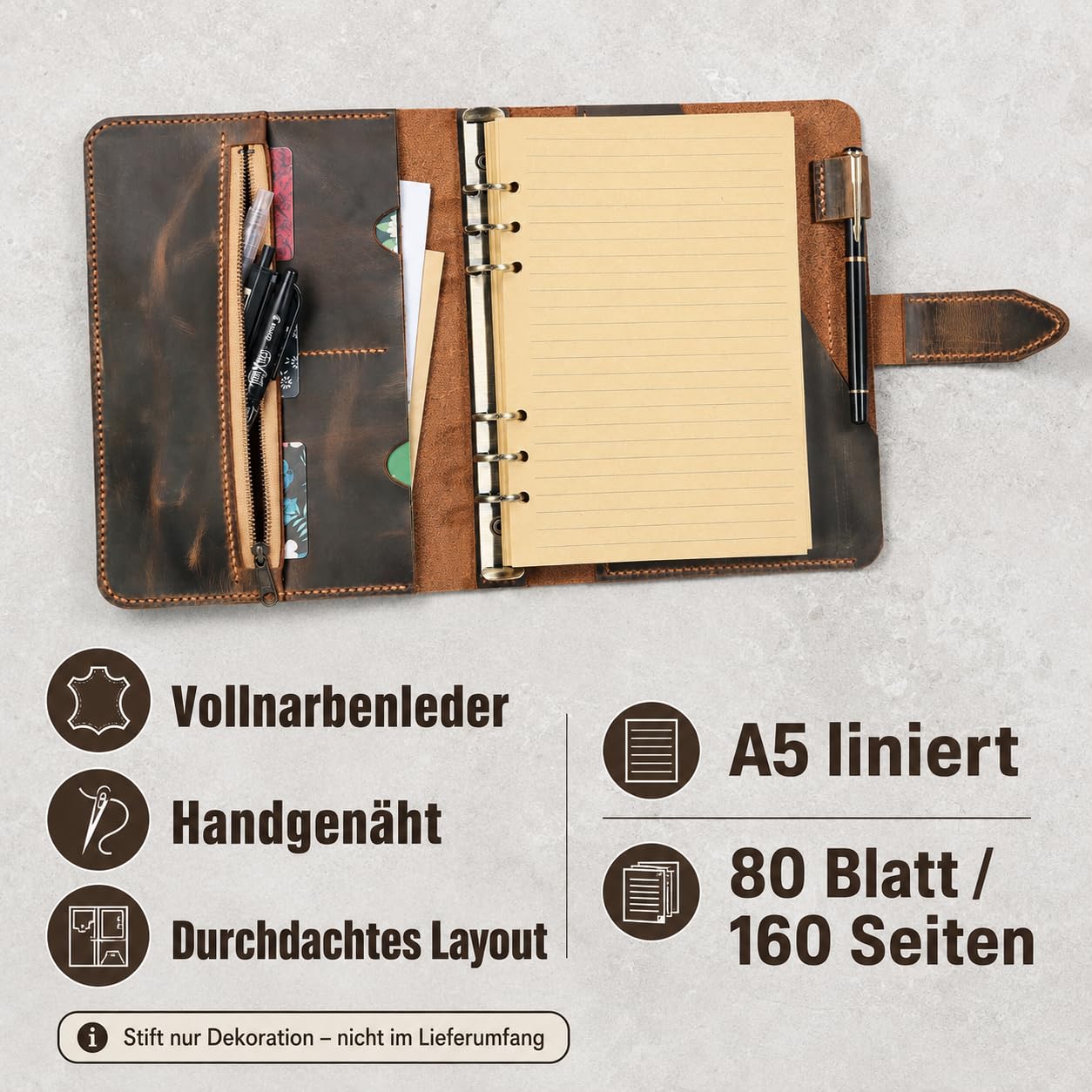 A5 Leder Organizer mit 6-Ring-Mechanik, nachfüllbares Reisetagebuch aus Vollnarben-Büffelleder, handgenähter Vintage Journal Binder mit 80 Blatt liniertem Papier, PVC-Hüllen, Kartenfächern und Reißver