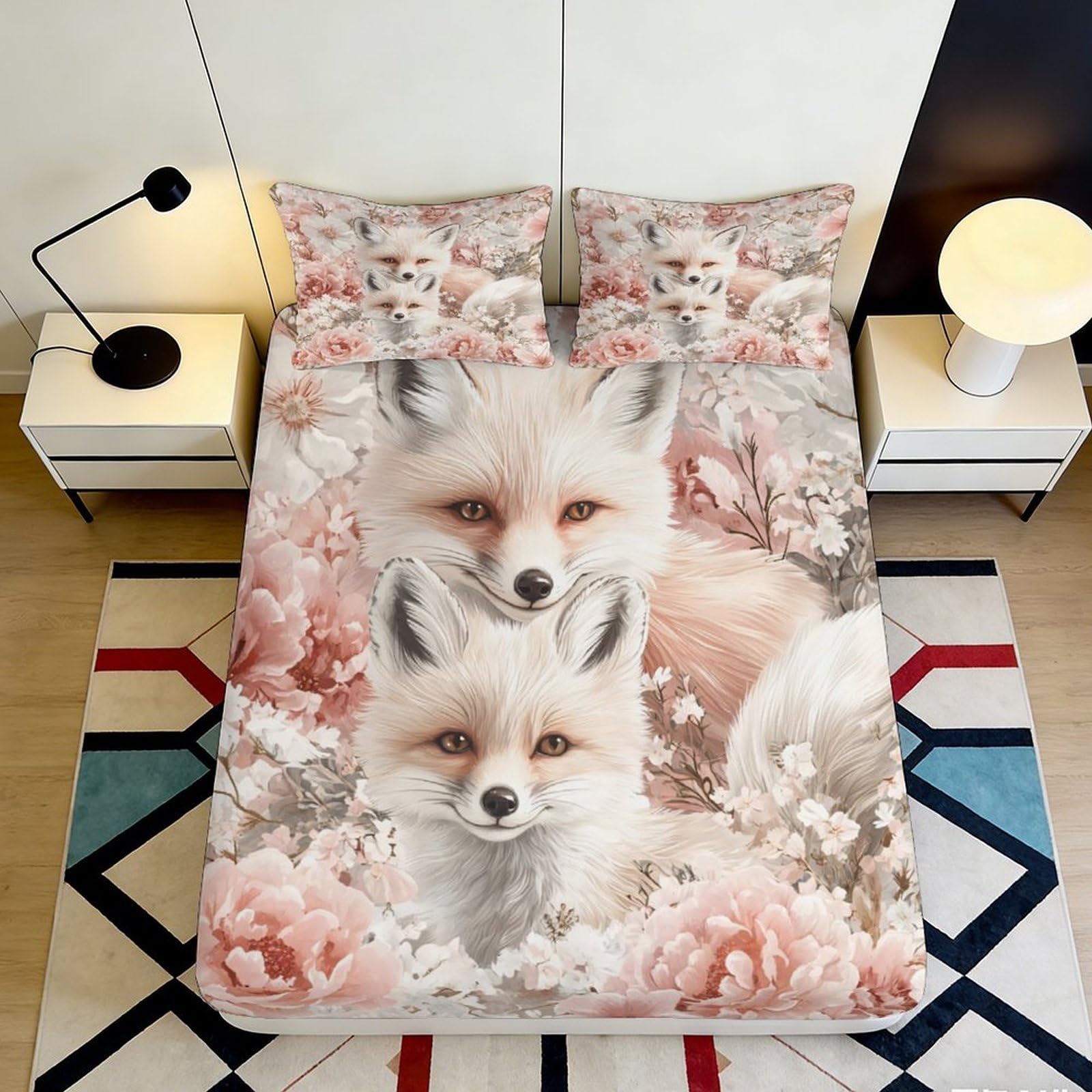 K1r3d9e5 Style-1 3D Printed Floral Fox Fitted Sheet Microfiber Soft Breathable Woodland Animal Bed Cover For Bedroom Dorm Decor 90X200x25cm