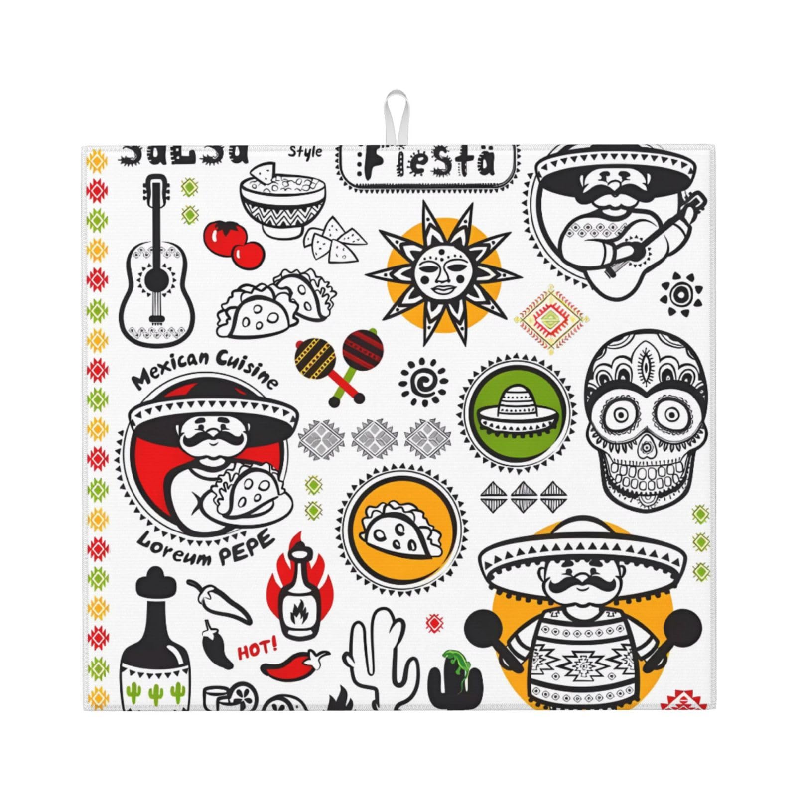 WHJSSF mexican salsa symbols Prints Kitchen Drying Mat - Absorbent Dish Drying Throw with Colorful Prints, Quick-Dry Countertop Layer for Dishes & Appliances - Non-Slip & Foldable