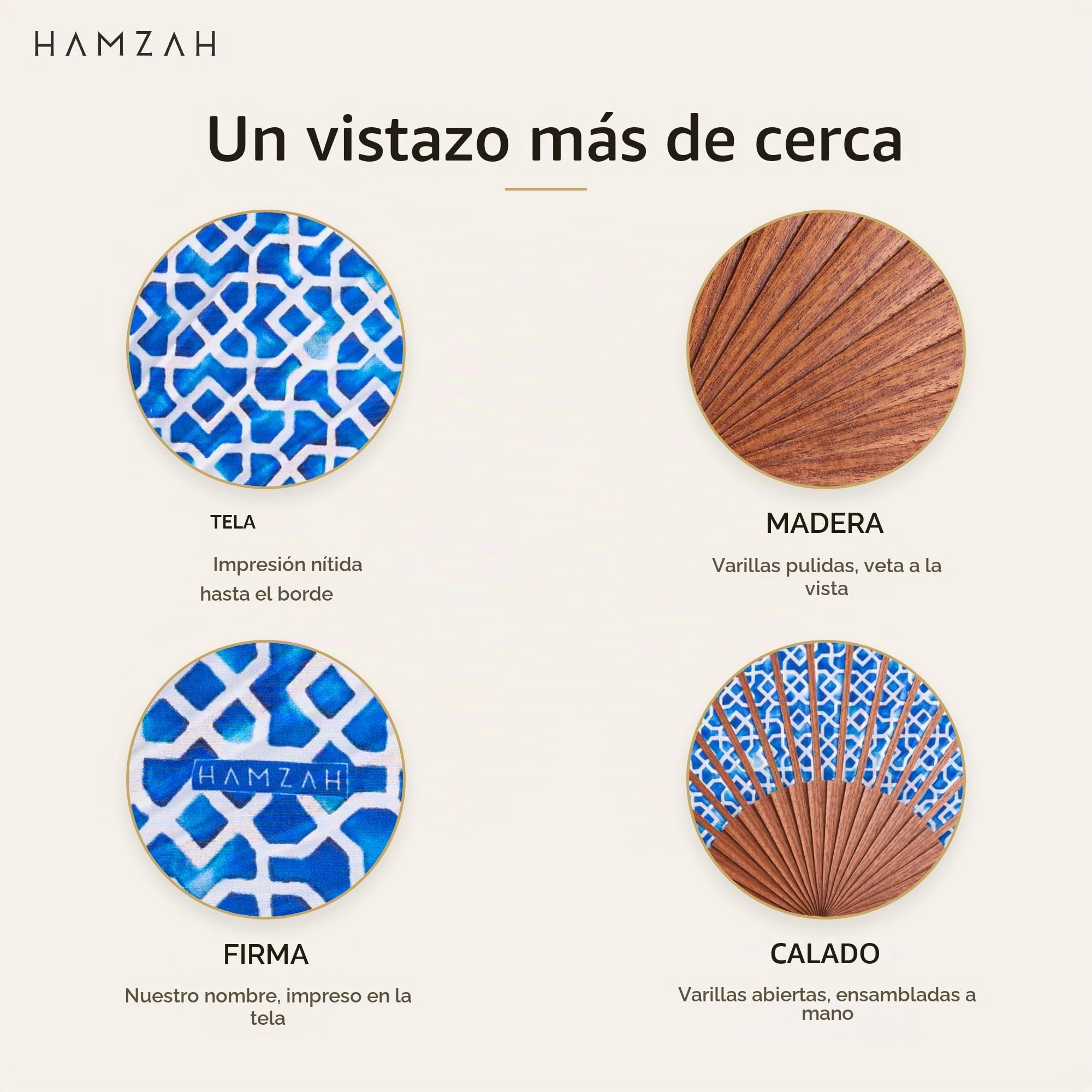 Abanico Español de Seda y Madera – Plegable 23 cm Hecho a Mano en España, Incluye Caja y Funda de Terciopelo - Hamzah (Alcazaba Azul)