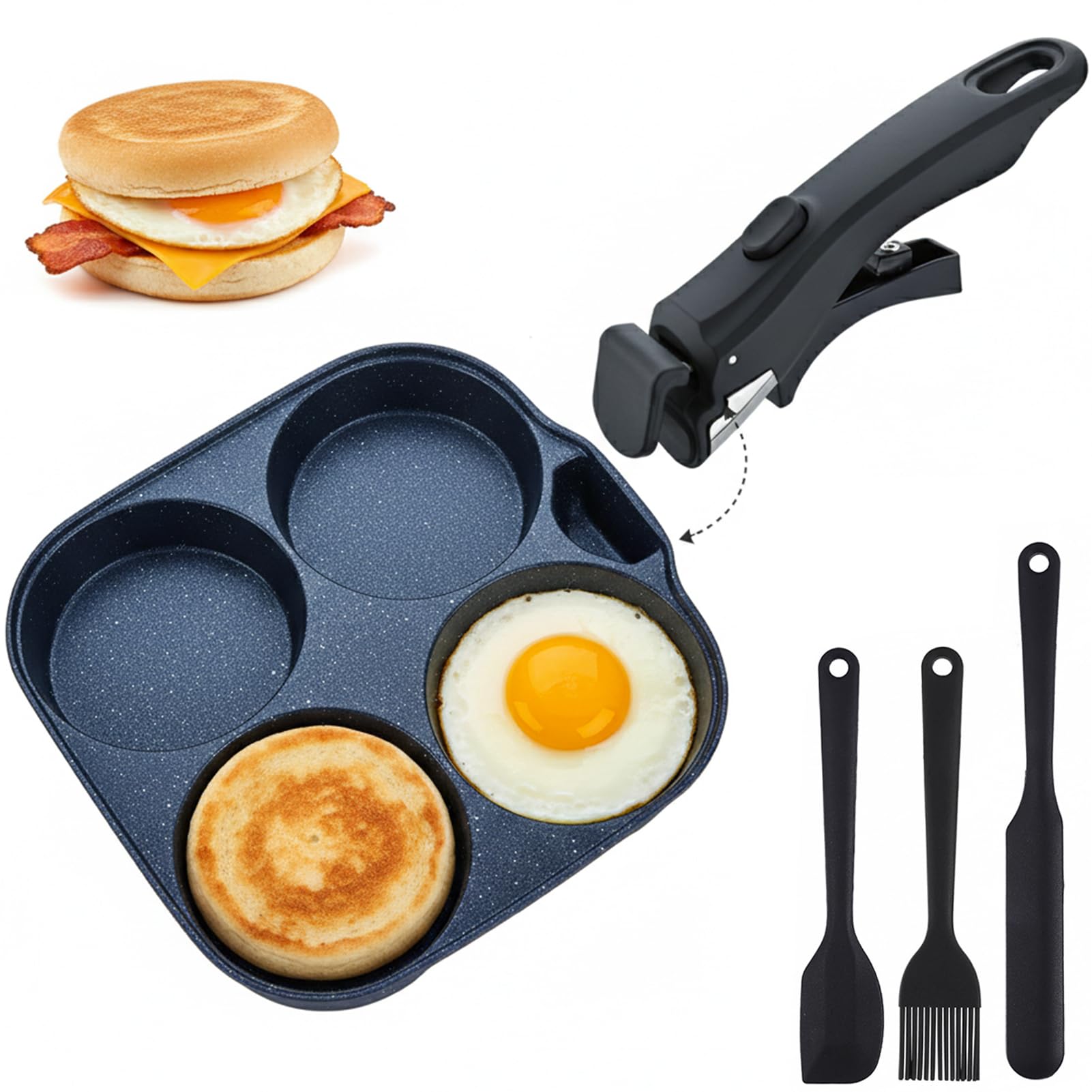 4-Cup Egg Pan Nonstick Aluminum Omelette Pan with Detachable Handle Fast Heating Breakfast Omelette Skillet for Fried Eggs