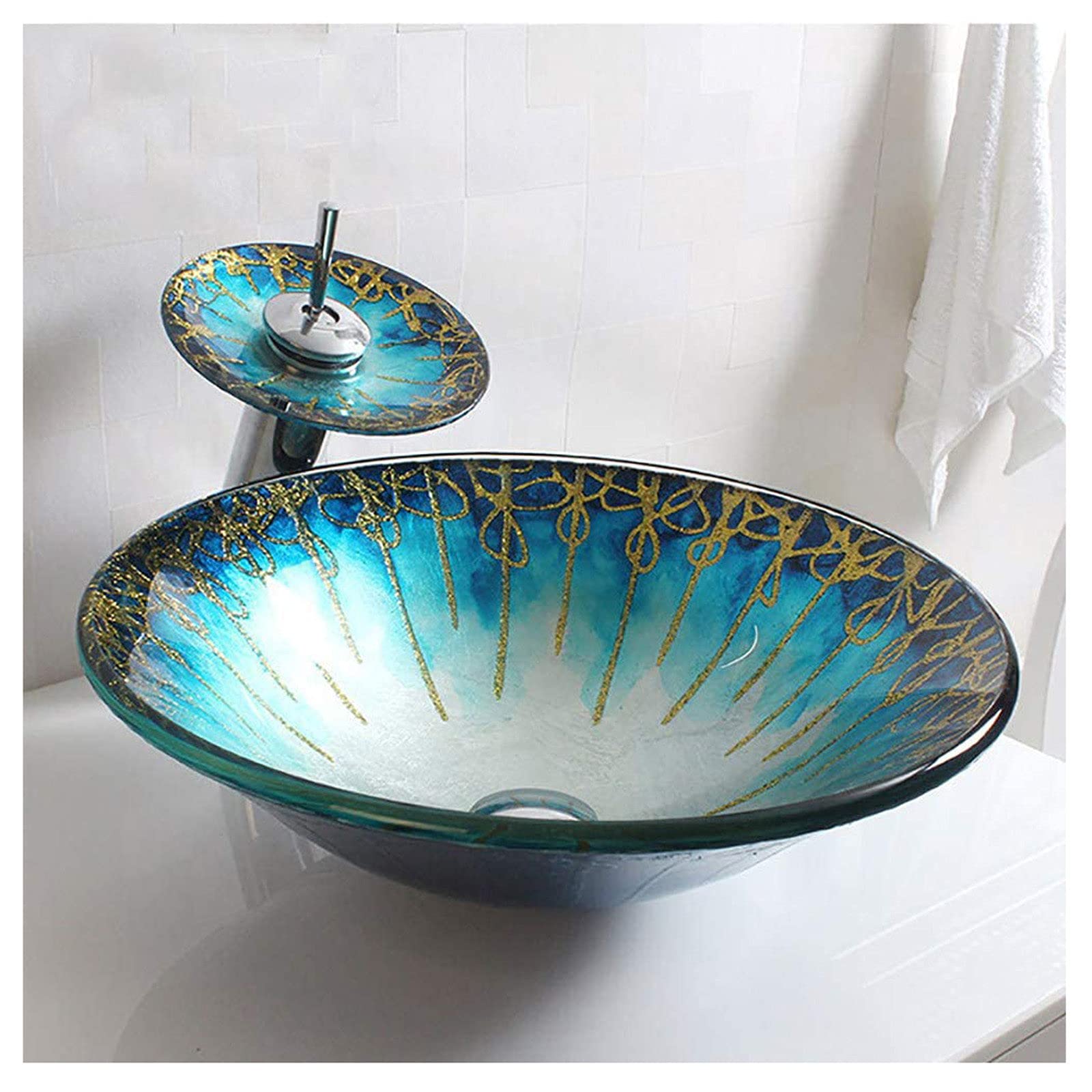 Vasque en verre trempé de salle de bain 18" avec bonde escamotable lavabo B