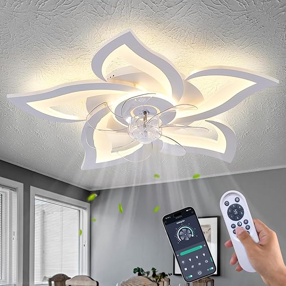 White Flower Modern CeilingFans with Lights, Low Profile Ceiling Fan with Remote for Bedroom, Flush Mount Ceiling Fan with LED Dimmable Light,3-Colors, 6-Speeds, Timing CeilingFan Light
