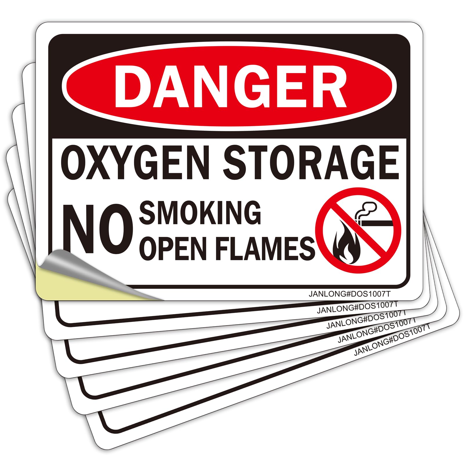 5 Pack Danger- Oxygen Storage Sticker Sign, No Smoking No Open Flames Sticker, 10"x7" Self-Adhesive Vinyl Oxygen Storage Decal Safety Signs