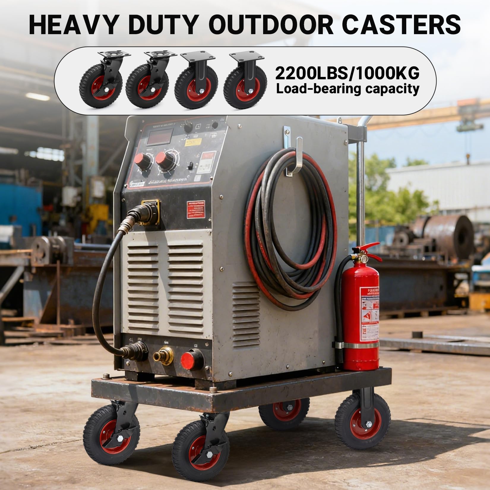 Humagineer200mm Industriestufe Schwerlastrollen Set - 2 Lenkrollen mit Bremse & 2 Festrollen - Tragkraft 1000kg, Vollgummi mit Kugellager - für schwere Maschinen, Industrie-Anlagen und Logistik