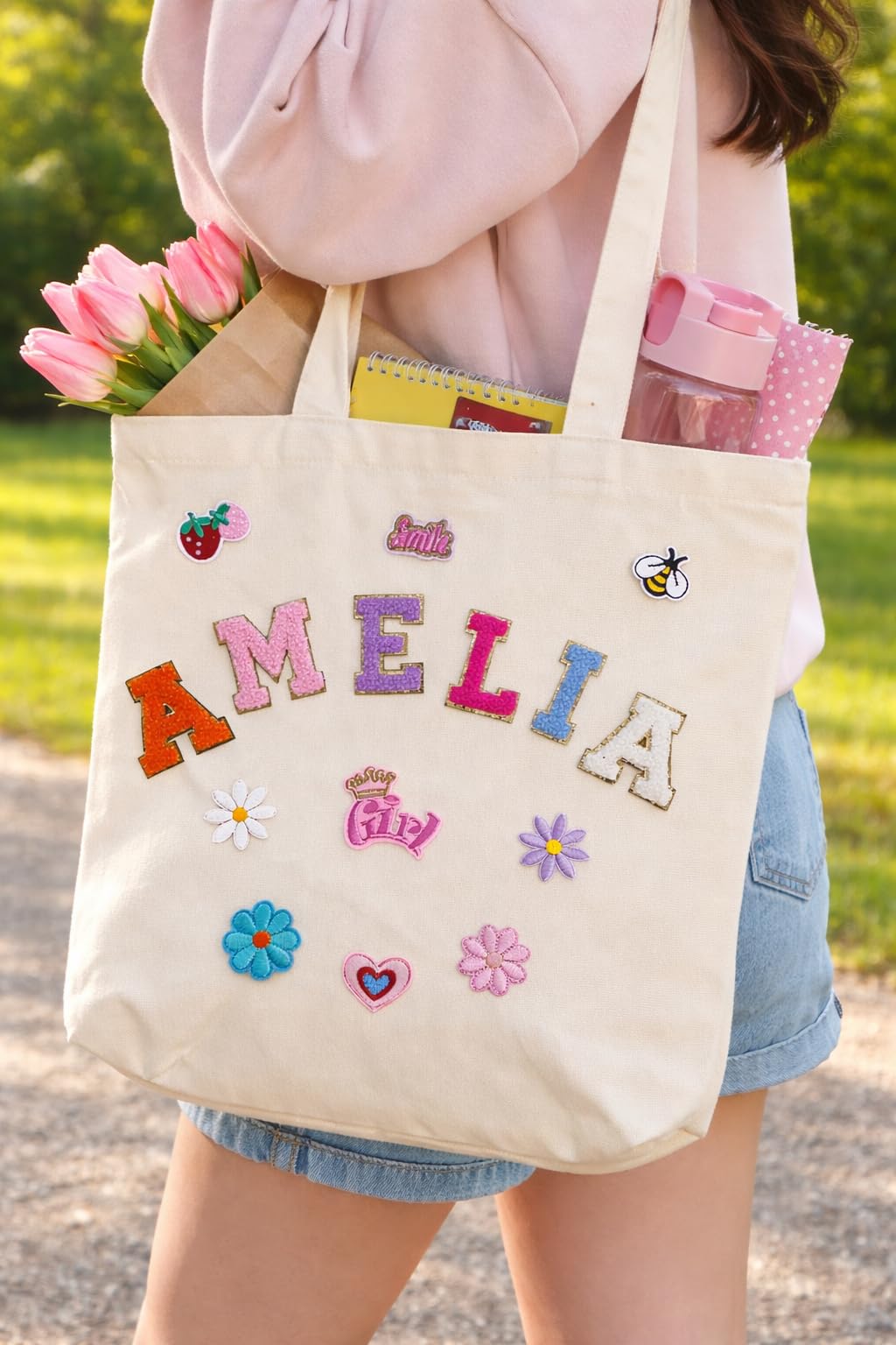 Personalised Iron-On Letter Patches – Custom Name Set with Choice of Main Sticker + 8 Bonus Stickers for Jackets, Bags, T-Shirts, Hats, Backpack & Cushions (Patch + Tote Bag) — image 1