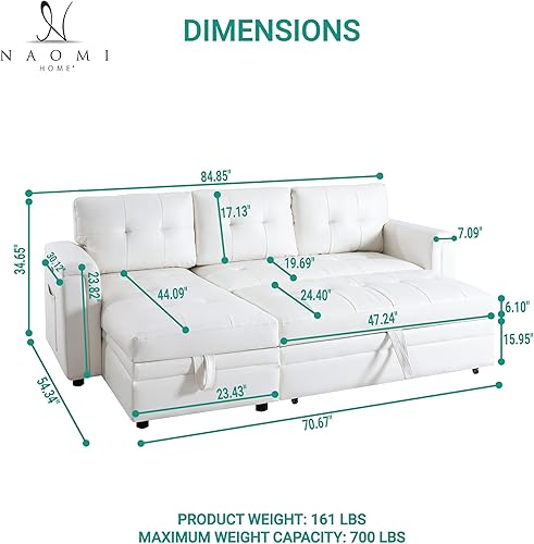 Miniatura 2 de Naomi Home Lily Sofá cama modular con puertos USB, sofá en forma de L, cama extraíble convertible, amplio almacenamiento, diseño atemporal,
