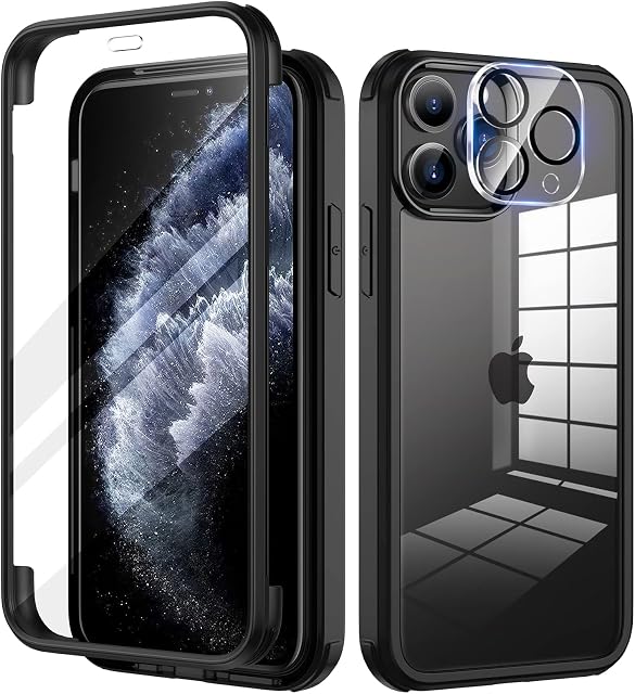 seacosmo iPhone 11 Pro Case 5.8 Inch, Full-Body Shockproof Case with Built-in Glass Screen Protector and Camera Lens Protector Rubber Bumper Case Cover for iPhone 11 Pro- Black/Clear