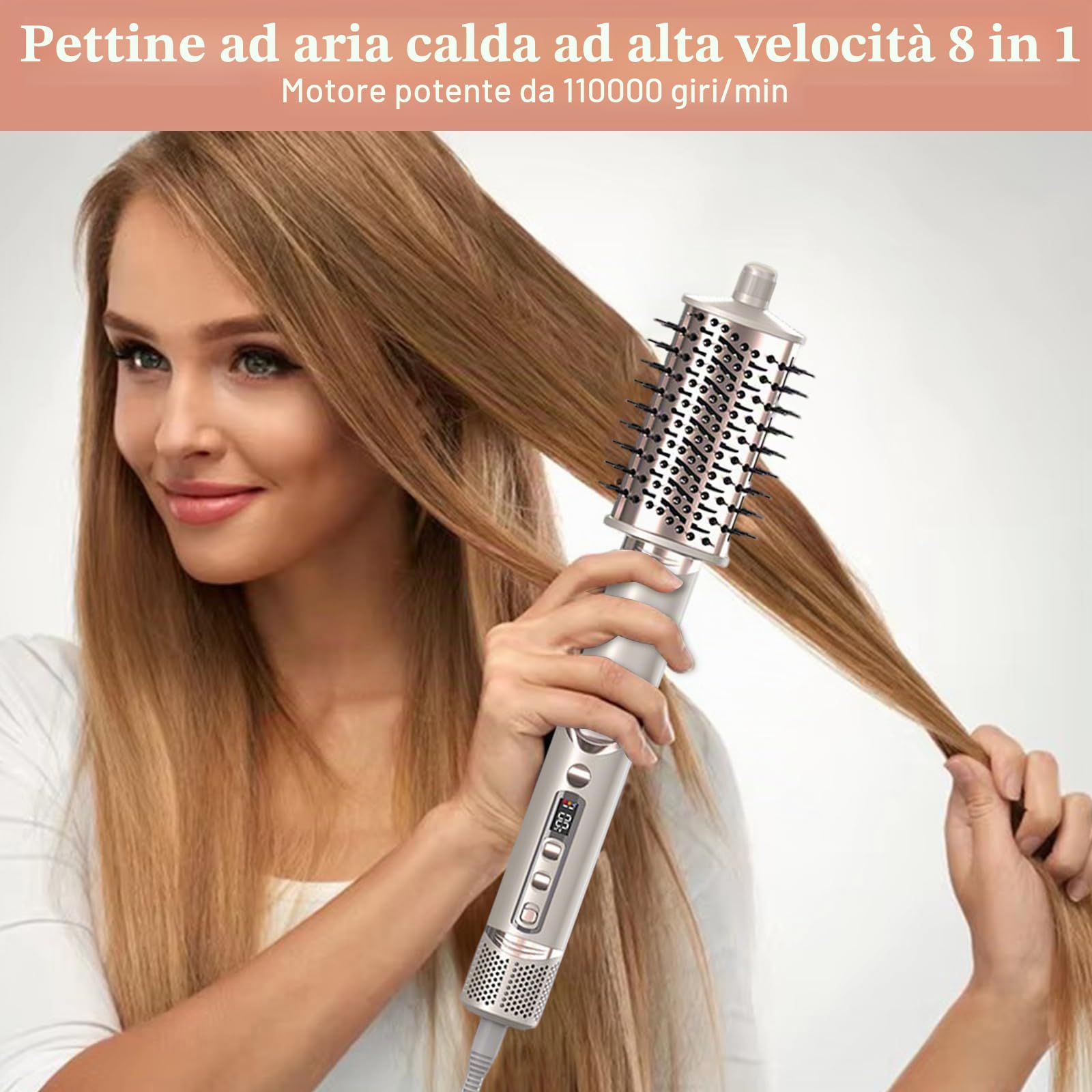 Asciugacapelli 8 in 1, multihairstyler AirStyler, 1600 W, con motore da 110.000 giri/min, con pettine ad aria, ferro arricciacapelli (sinistra e destra), diffusore, bocchetta d'aria (champagne)