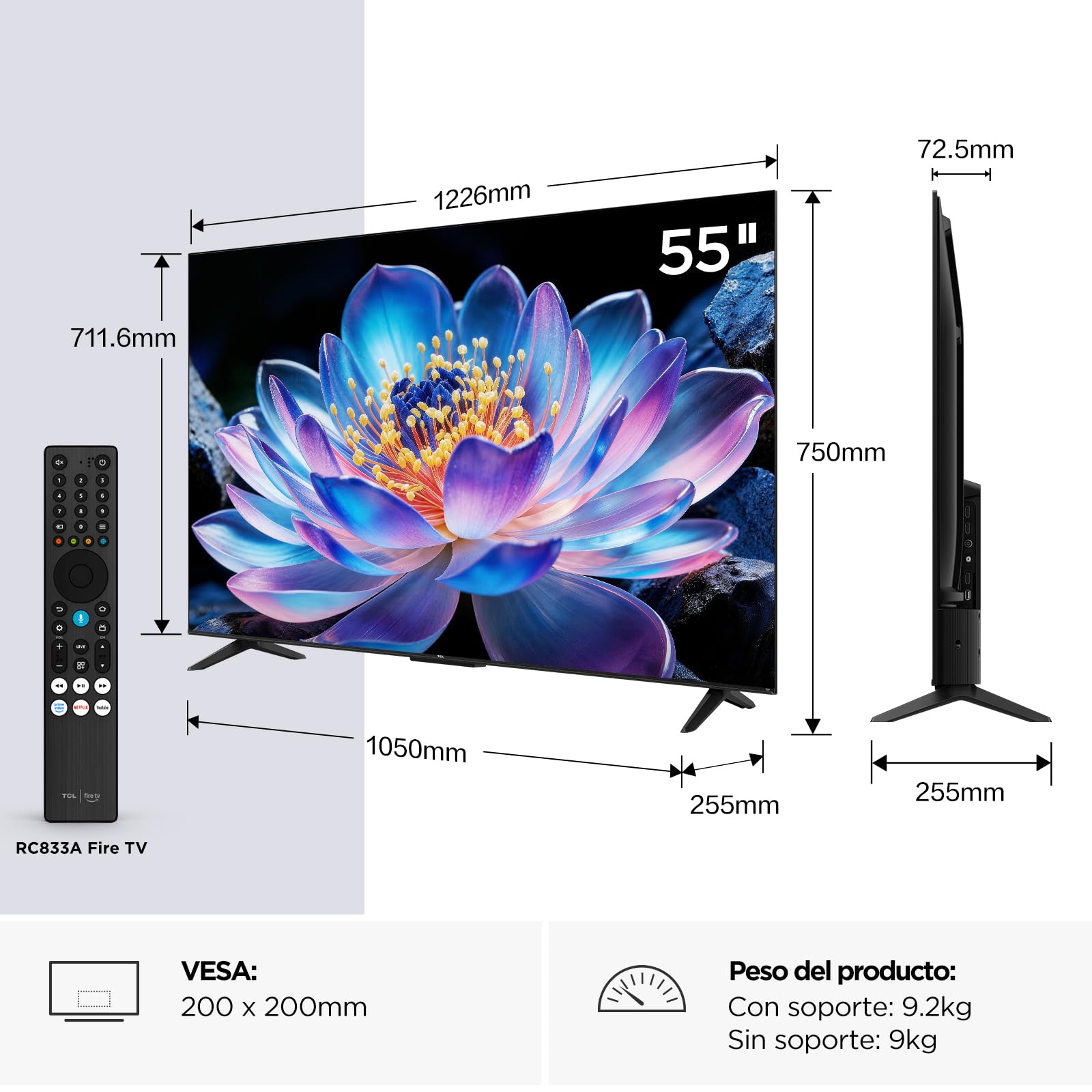 TCL 55V6D Televisor 55 Pulgadas 4K UHD Smart TV, Fire TV, Alexa Integrado, Dolby Vision & Atmos, Game Master, HDR10+, Control por Voz