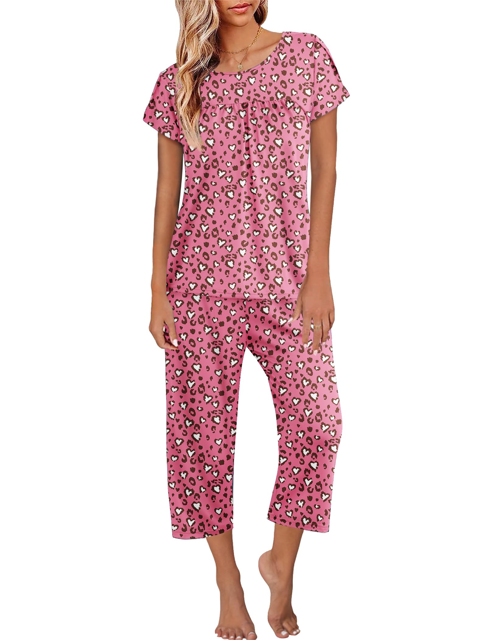 Ekouaer Womens Capri Pajama Set Short Sleeve Mumu Pjs Pleated Top with Capri Pants Sleepwear Lounge Set
