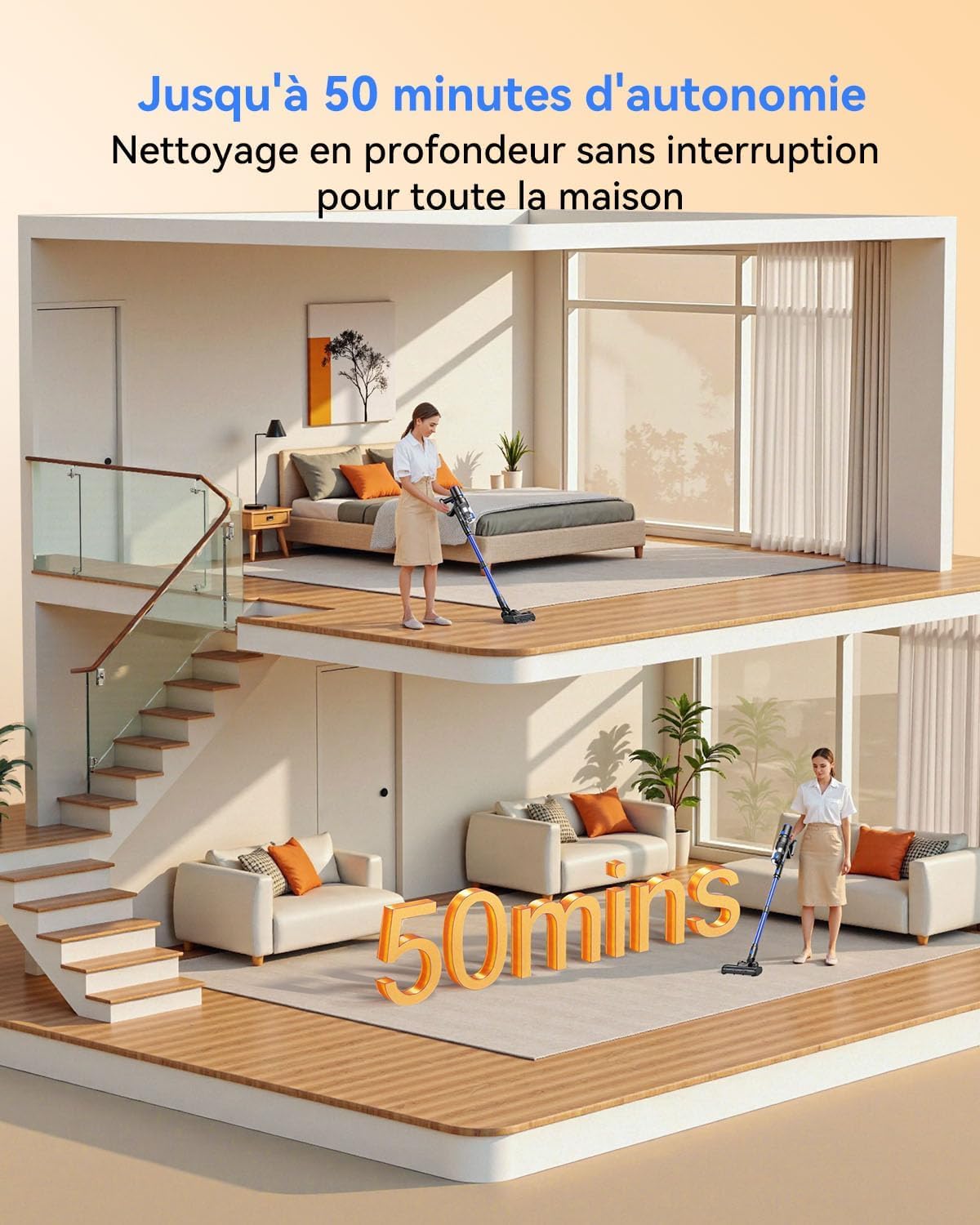 550W/45KPa Aspirateur Balai sans Fil, 50 Min d’Autonomie Aspirateur sans Fil Autoportant, Brosse Anti-Enchevêtrement & Éclairage LED, pour Sols Durs, Tapis et Poils d’Animaux (Bleu)