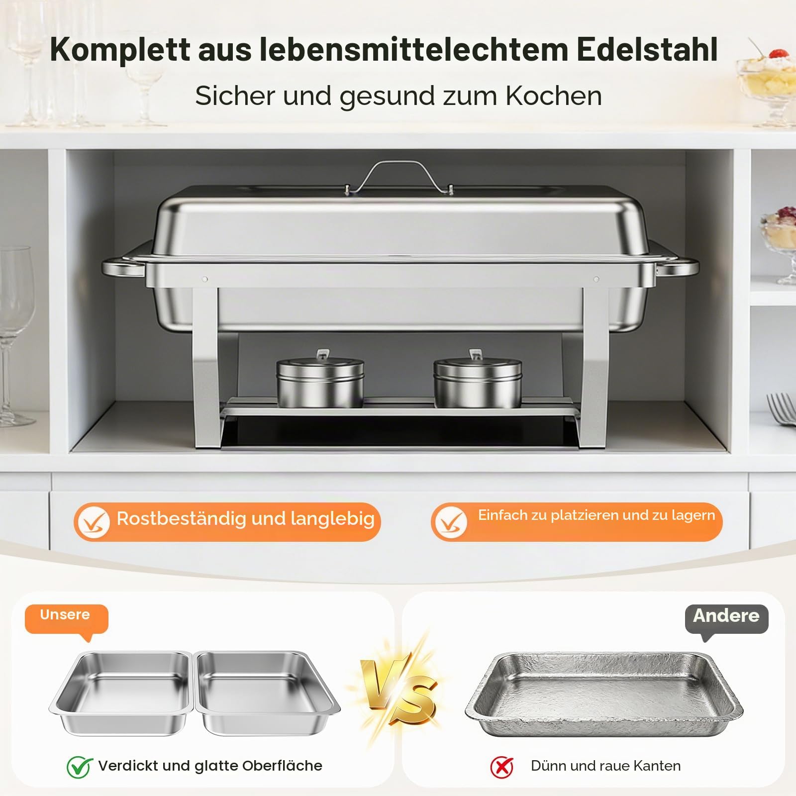 Chafing Dish 2er Set – Warmhaltebehälter Essen aus Edelstahl, Speisenwärmer mit 4X 1/2 GN + 2X 1/1 GN Behältern, Buffetwärmer für Party, Catering & Buffet – inkl. Brenner & Gestell