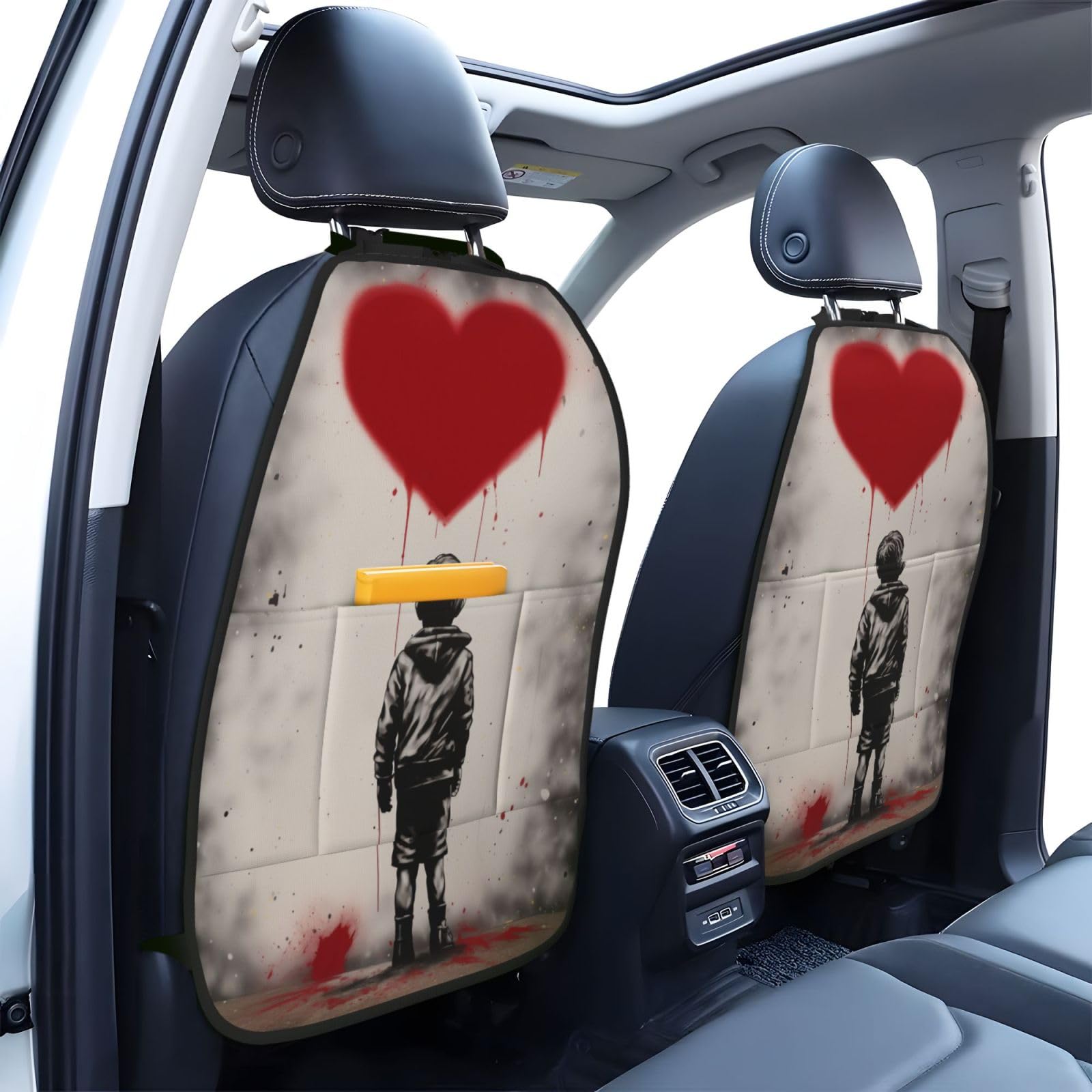 Boy Red Heart Graffiti Street Art Car Seat Back Kick Protectors,2 Pack Kick Mats with Storage Pockets for Vehicles to Protect from Dirt Mud Scratches