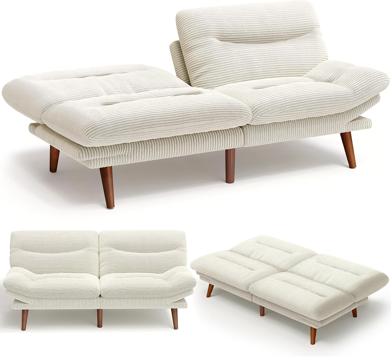 Amada 66" Convertible Futon Sofa Bed, Corduroy Folding Set with Adjustable Backrest and Armrests, Solid Wood Frame, Beige White
