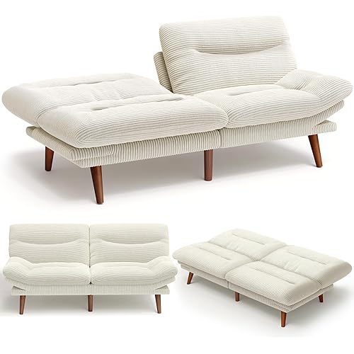 AMADA 66"Convertible Futon Sofa Bed, Corduroy Folding Futon Set with Adjustable Backrest &Armrests, Recliner Lounge for Living Room, Apartment or Office, Solid Wood Frame, Loveseat Sofa - Beige White