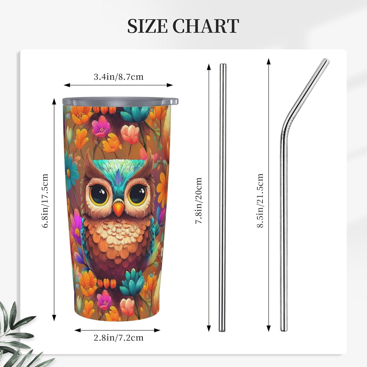 Yrebyou Owl Tumbler 20oz with Lid and Straw Stainless Steel Insulated Coffee Mug Leak-Proof Travel Cup for Water Iced Tea or Coffee - Image 2