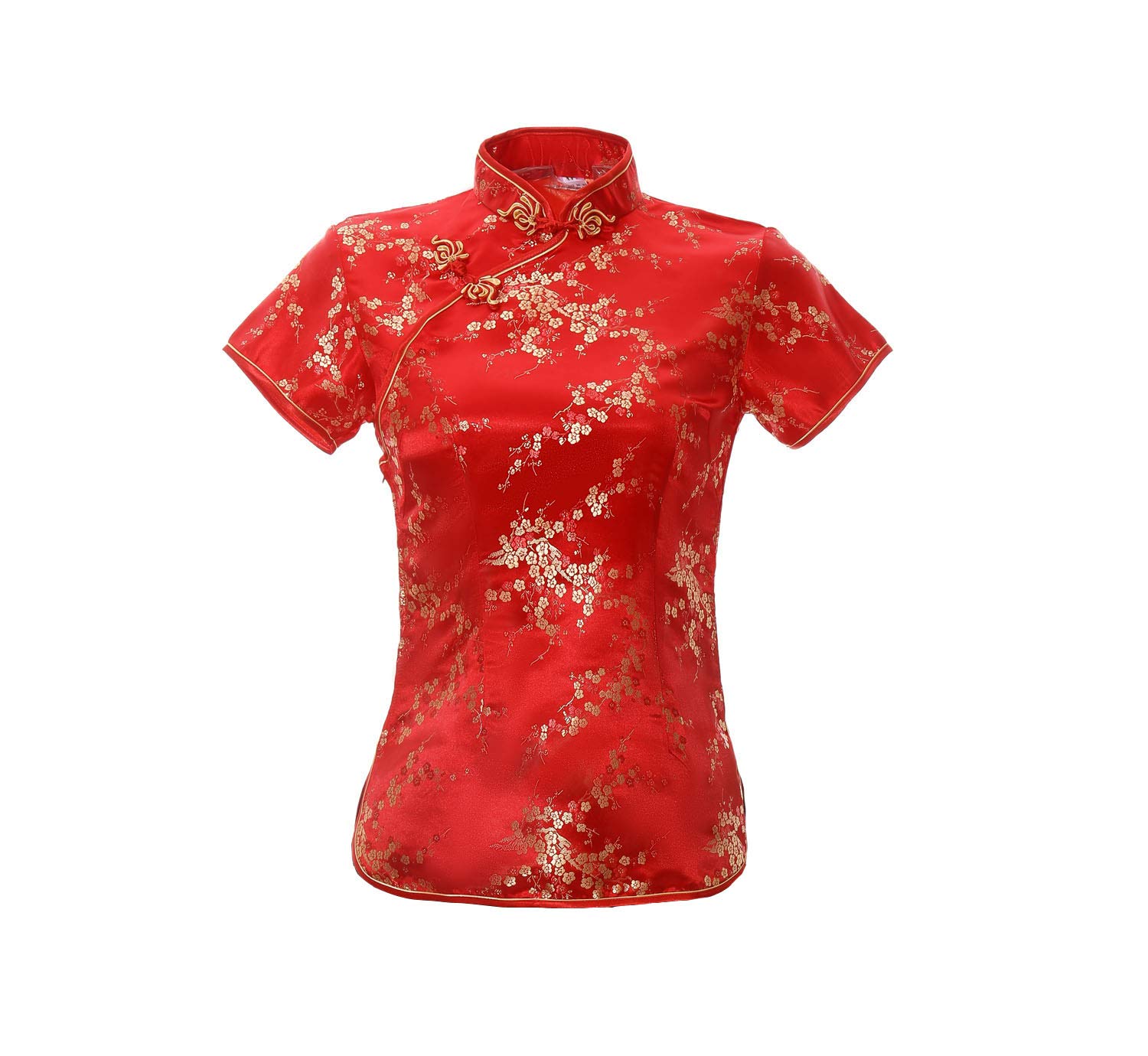 Acvip Women's Red Plum Blossom Brocade Qipao Top Stand Collar Short Sleeve Chinese Shirt Blouse (Uk 16/Chinese 3XL, )