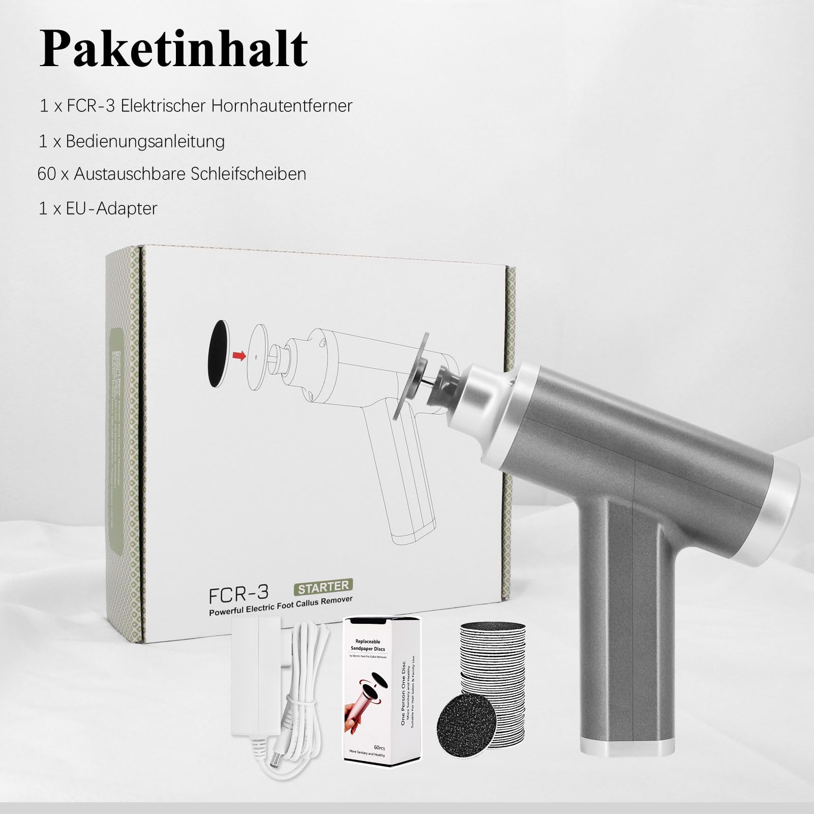 Elektrischer Hornhautentferner 4500rpm Einstellbare Geschwindigkeit Professionell Hornhautentferner Elektrisch Hornhaut Entfernen Pediküre Elektrische Fußfeile, Grau FCR-3