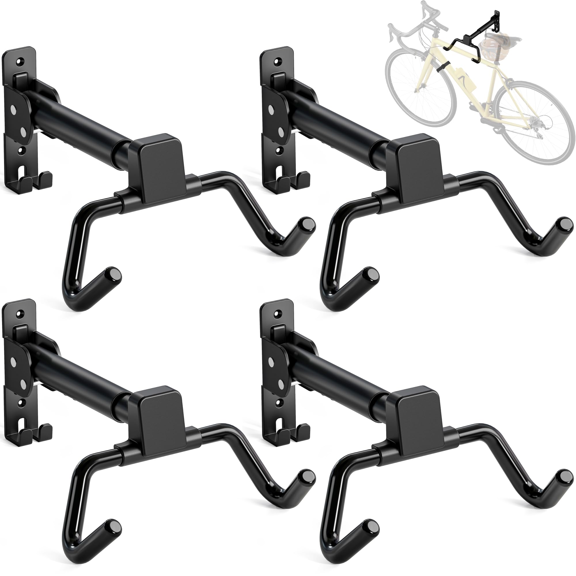 monTEK Fahrrad Wandhalterung, Winkel und Wandabstand einstellbar, Fahrradhalterung Wand Klappbar 30kg Tragfähigkeit, Ausziehbar Fahrradaufbewahrung mit Helmhaken für Garage, 4 Stück