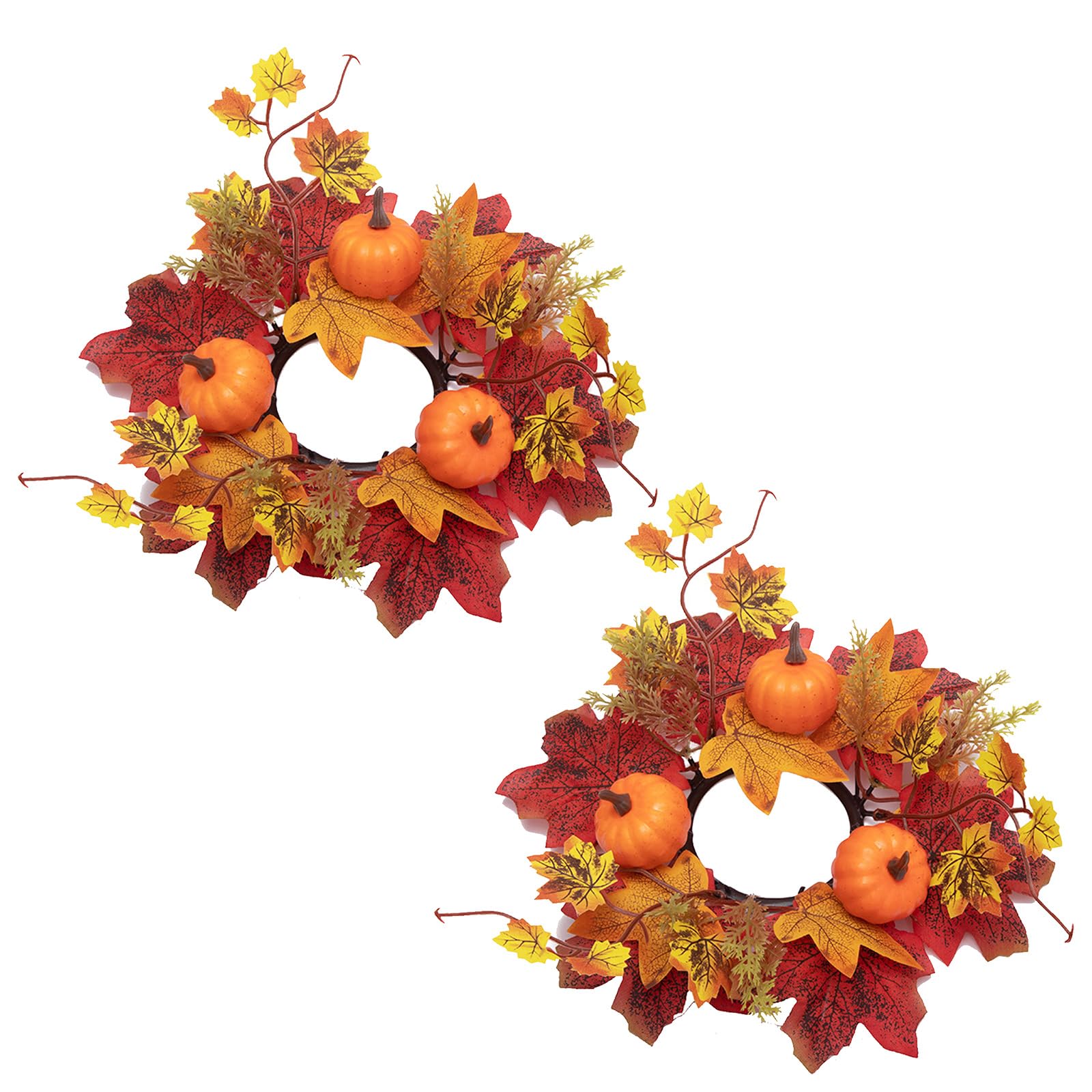 2Pcs Artificial Maple Leaves and Berries Candle Rings, Fall Candle Holders Small Candle Wreath Rings for Farmhouse Fall Thanksgiving Halloween Wedding Centerpiece Table Door Décor (A)