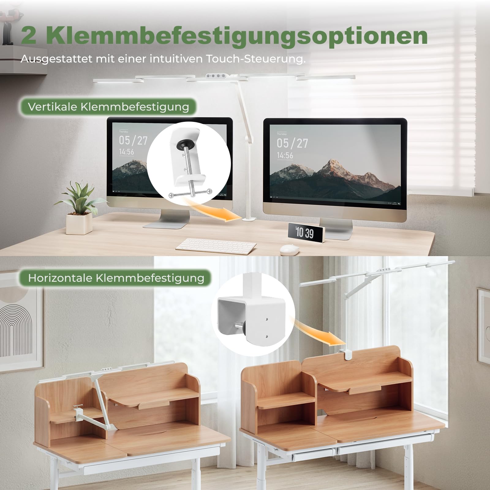 HOKO LED Schreibtischlampe, dimmbare Doppelkopf Klemmleuchte mit 1300 lm, 3000-6000 K, hohem CRI, 1050 mm ausziehbar für Dual Monitor, Homeoffice und L-Schreibtisch