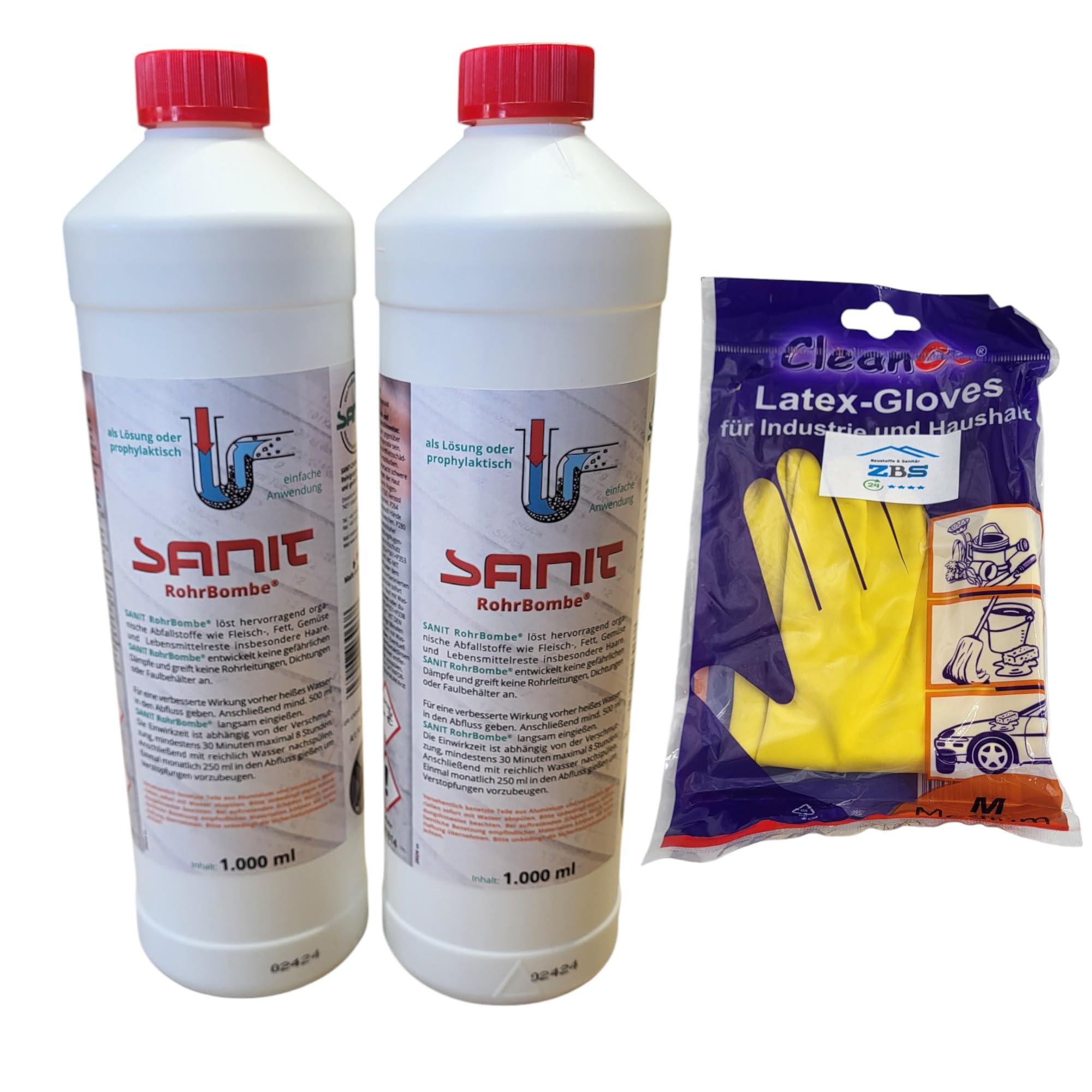 zbs24 Sanit RohrBombe Rohrreiniger, 2 x 1000ml | Säurefrei, Löst Verstopfungen durch Haare, Inkl. Latex Haushaltshandschuhe, Alternative Rohrreiniger