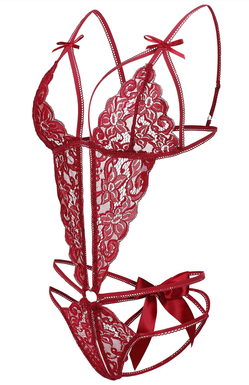 Donnalla Women's Deep V Lace Teddy One Piece Lingerie Cutout Strappy Lingerie: Medium Dark Red